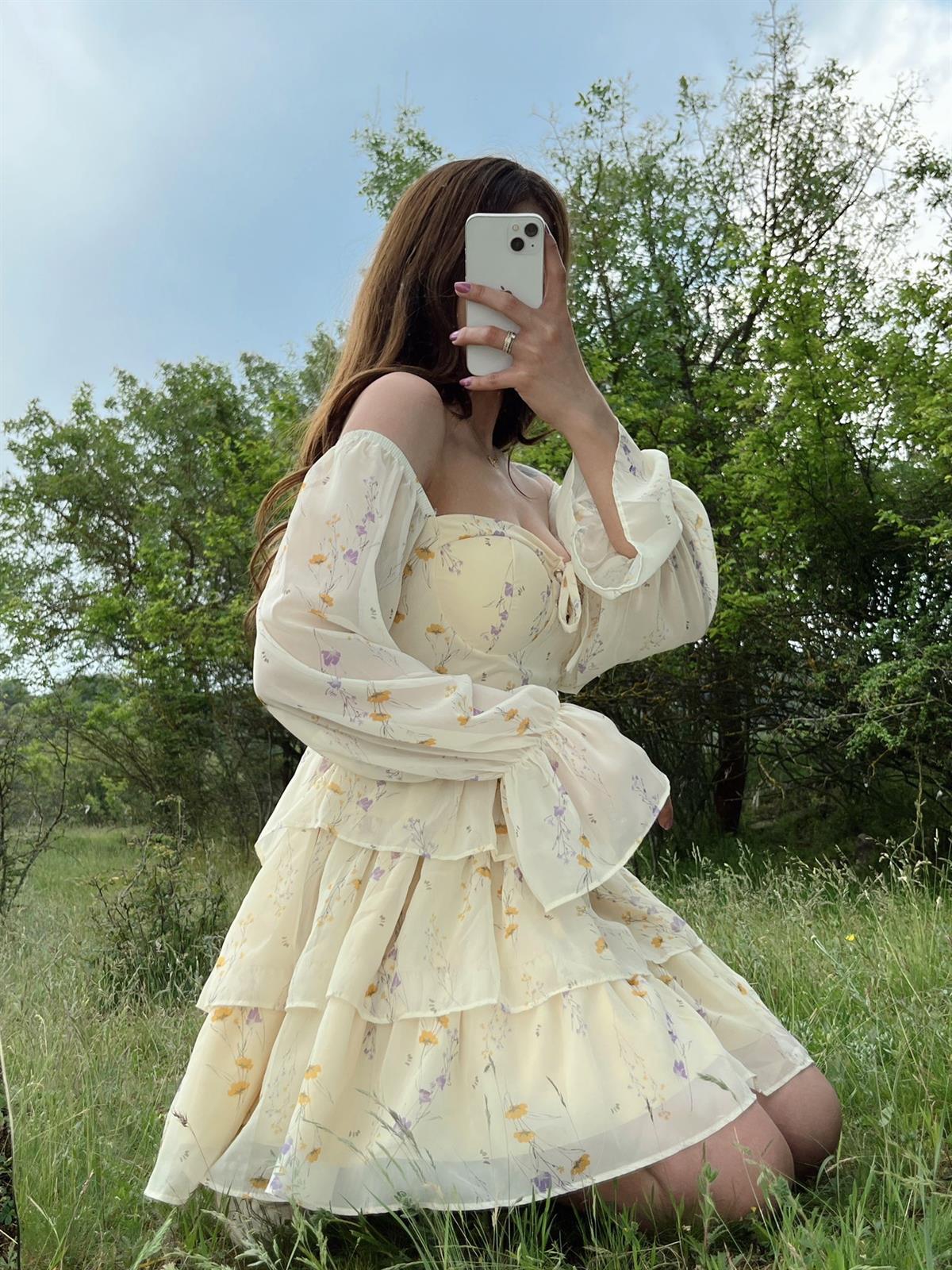 Lana Çiçek Desen Gloplu Limon Mini Elbise