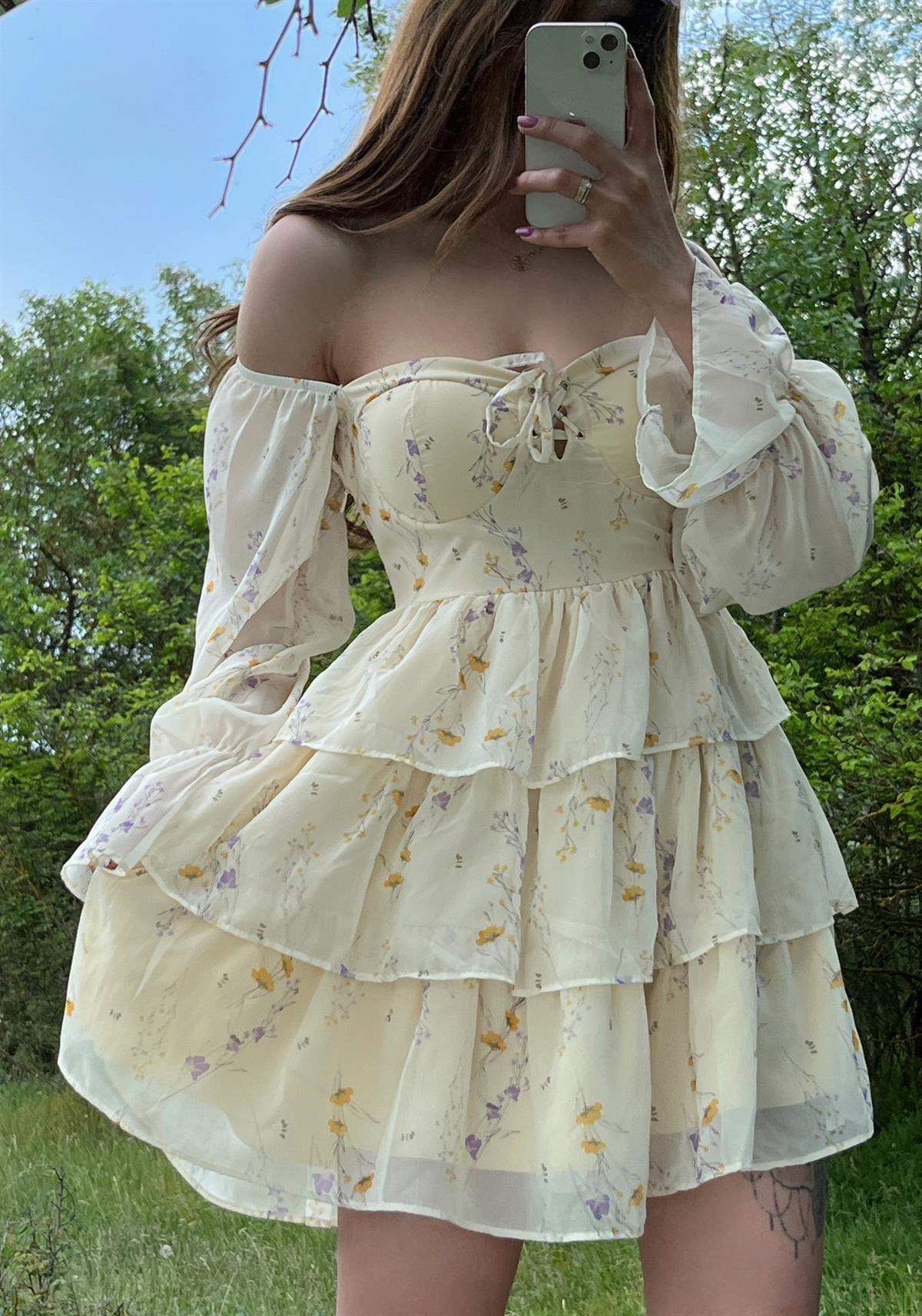 Lana Çiçek Desen Gloplu Limon Mini Elbise
