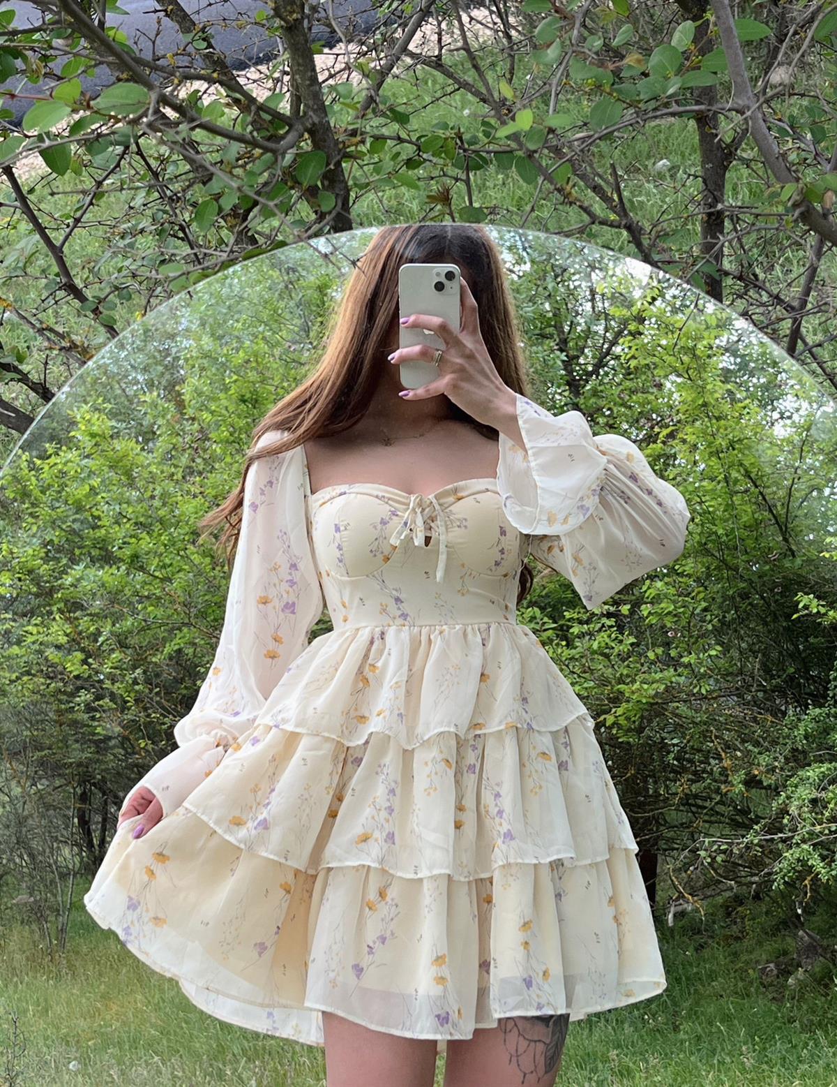 Lana Çiçek Desen Gloplu Limon Mini Elbise