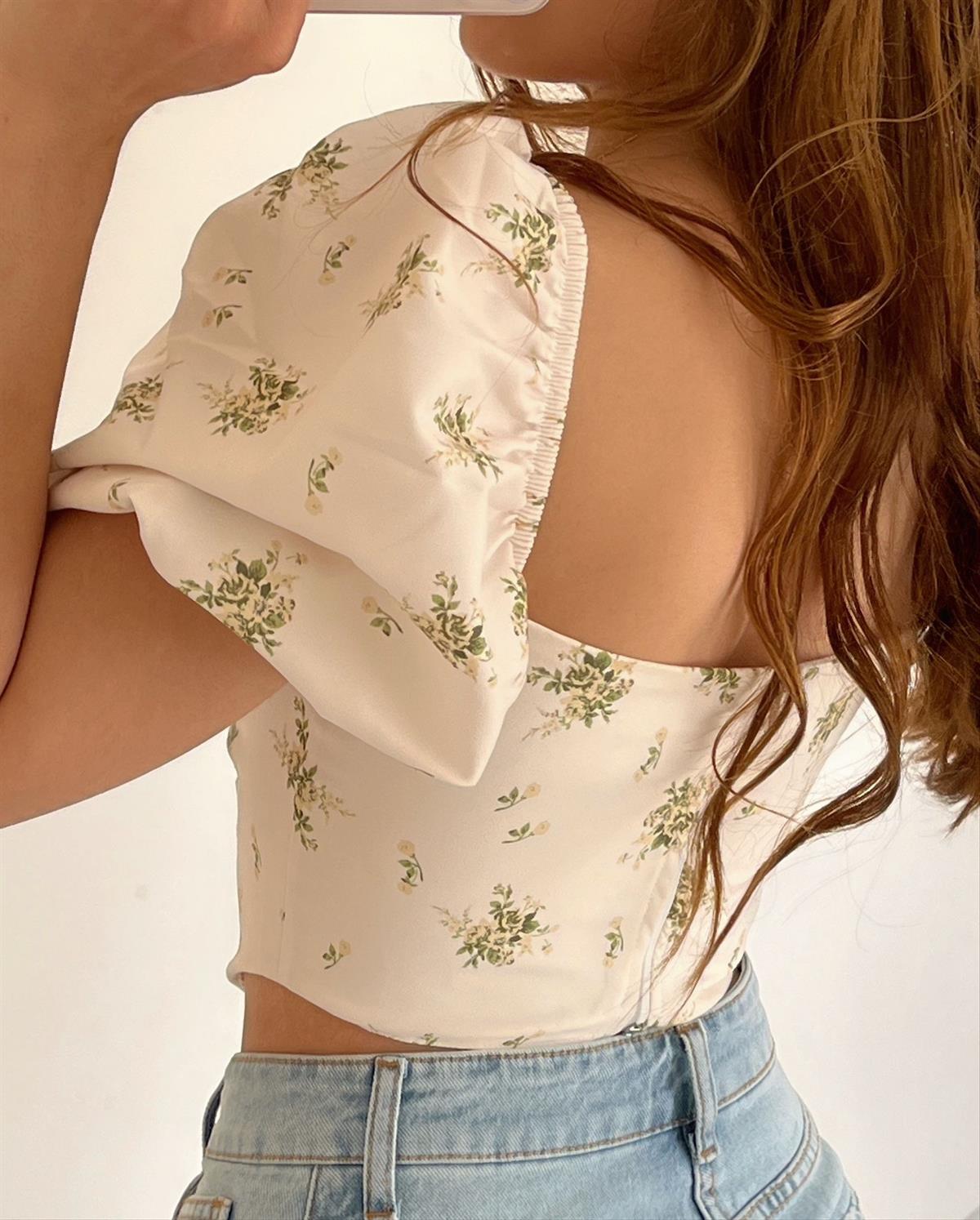Laurel Balon Kol Desenli Ekru Crop Bluz