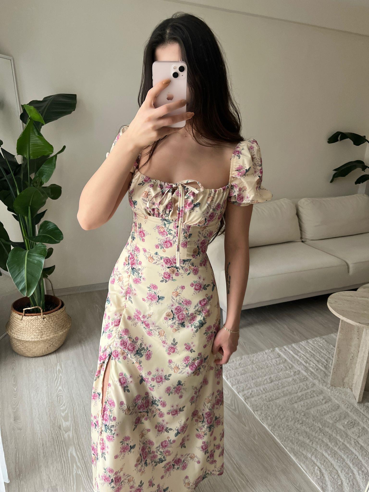 Lavinia Çiçek Desen Yırtmaçlı Midi Sarı Elbise