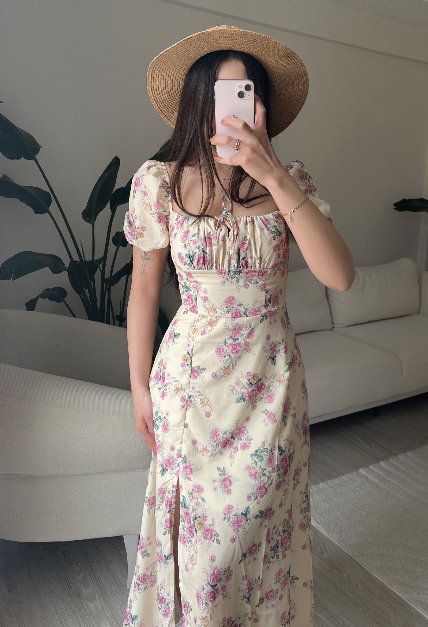 Lavinia Çiçek Desen Yırtmaçlı Midi Sarı Elbise