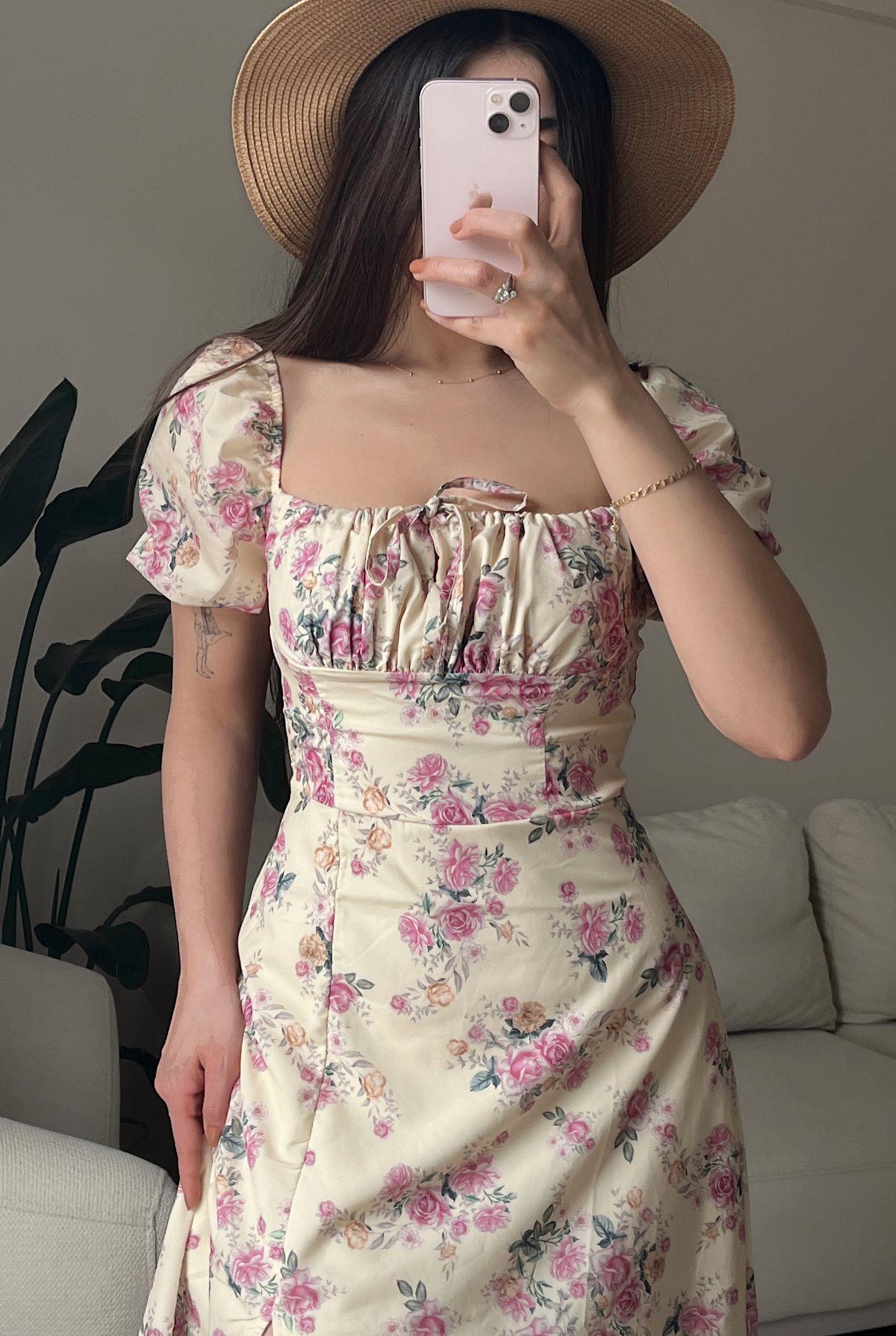 Lavinia Çiçek Desen Yırtmaçlı Midi Sarı Elbise