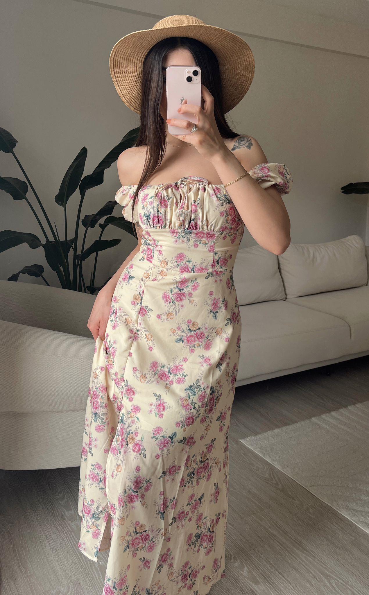 Lavinia Çiçek Desen Yırtmaçlı Midi Sarı Elbise