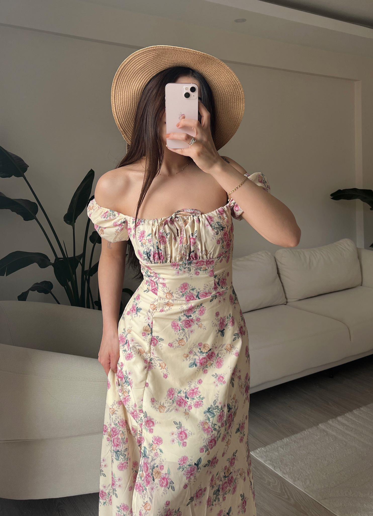 Lavinia Çiçek Desen Yırtmaçlı Midi Sarı Elbise