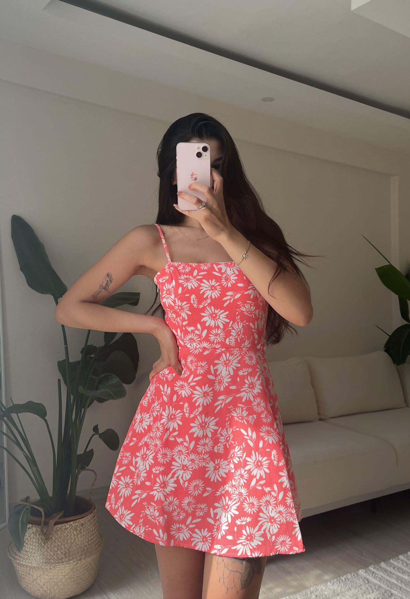 Lucy Çiçek Desen Mini Elbise Somon