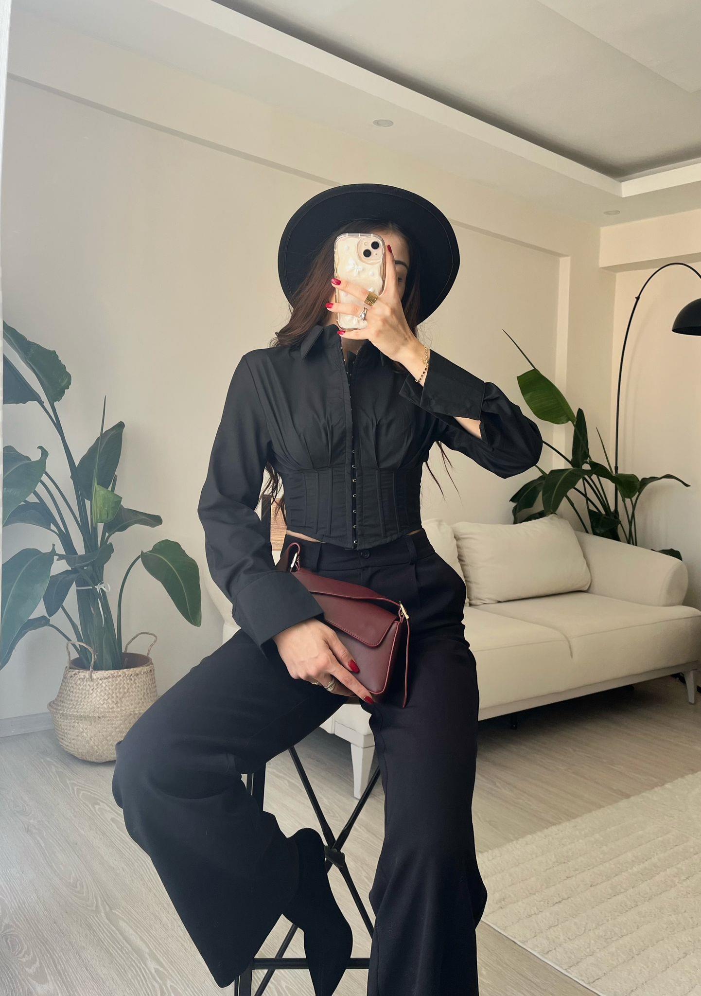 Luna Agraflı Balenli Poplin Korse Gömlek Siyah