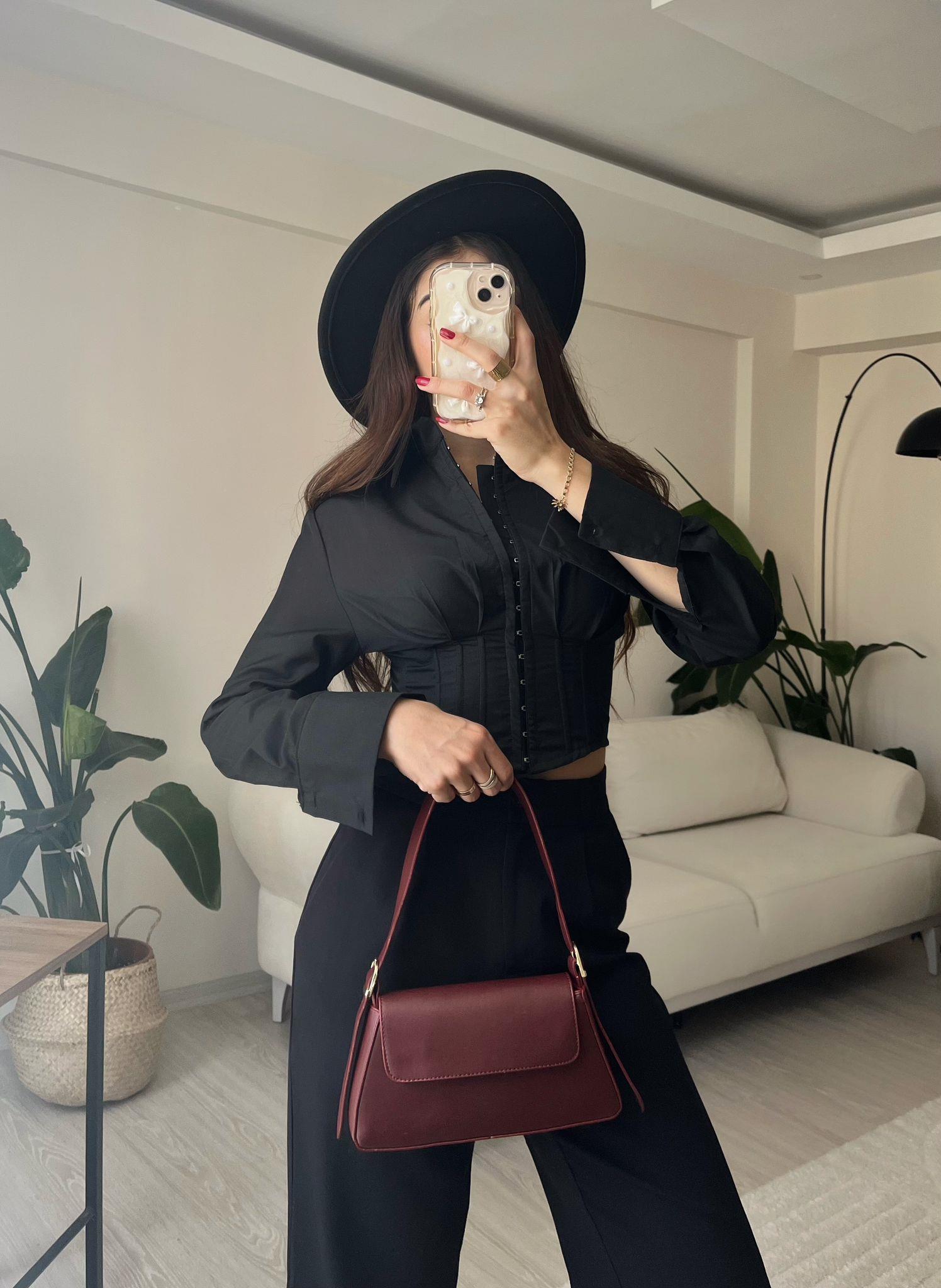 Luna Agraflı Balenli Poplin Korse Gömlek Siyah