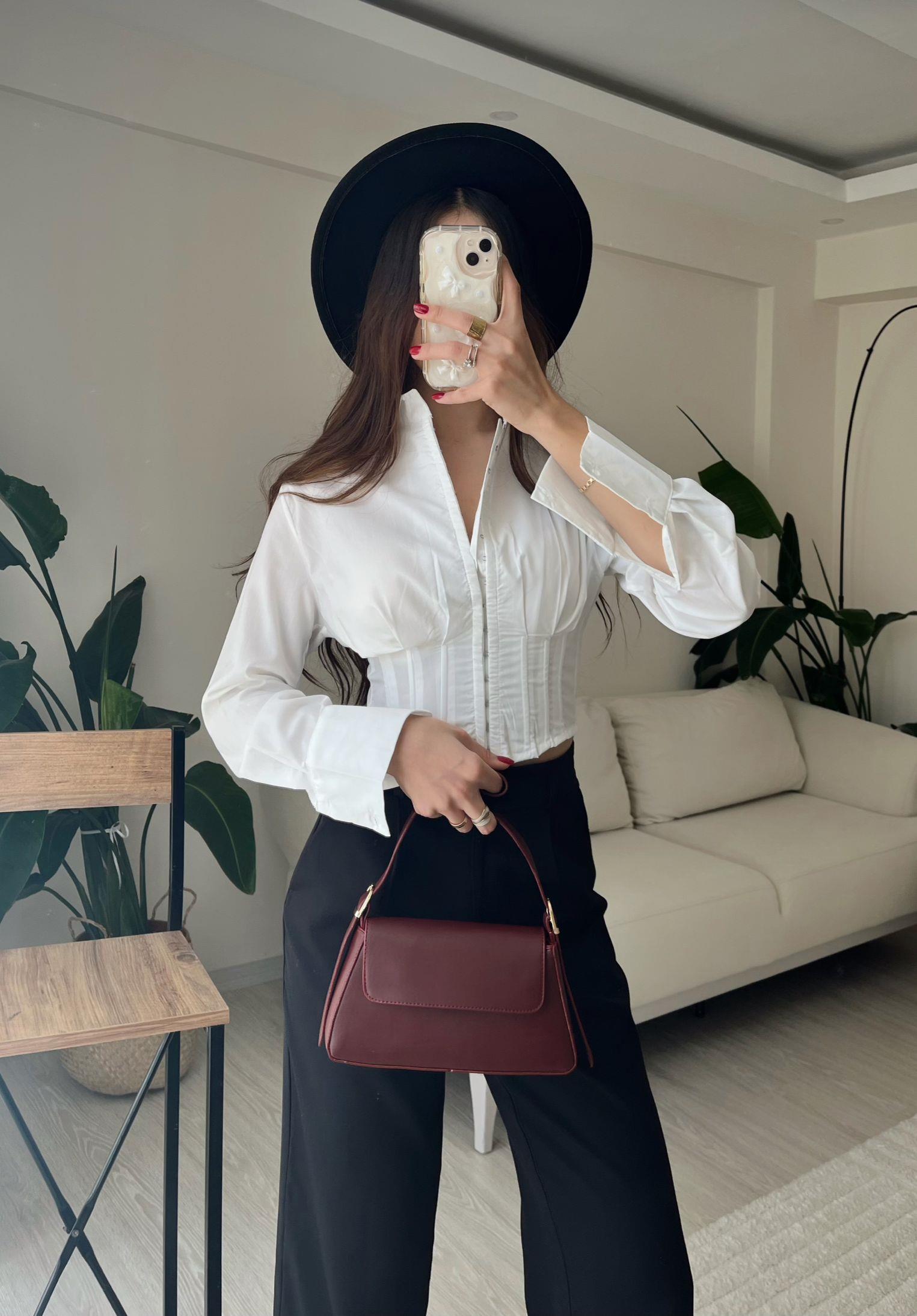 Luna Agraflı Balenli Poplin Korse Gömlek Beyaz