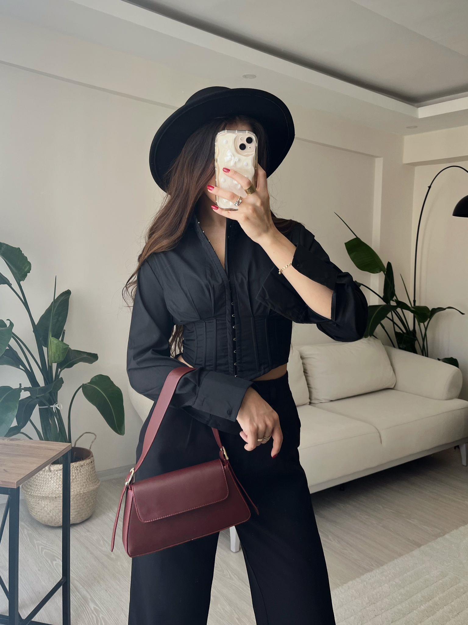 Luna Agraflı Balenli Poplin Korse Gömlek Siyah