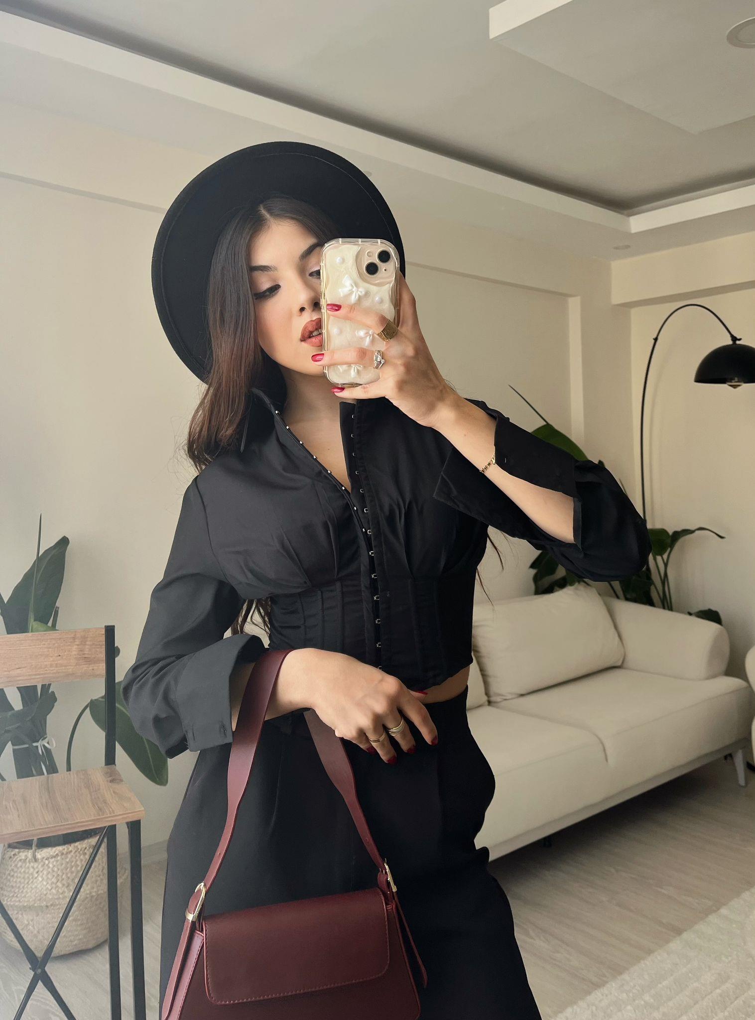 Luna Agraflı Balenli Poplin Korse Gömlek Siyah