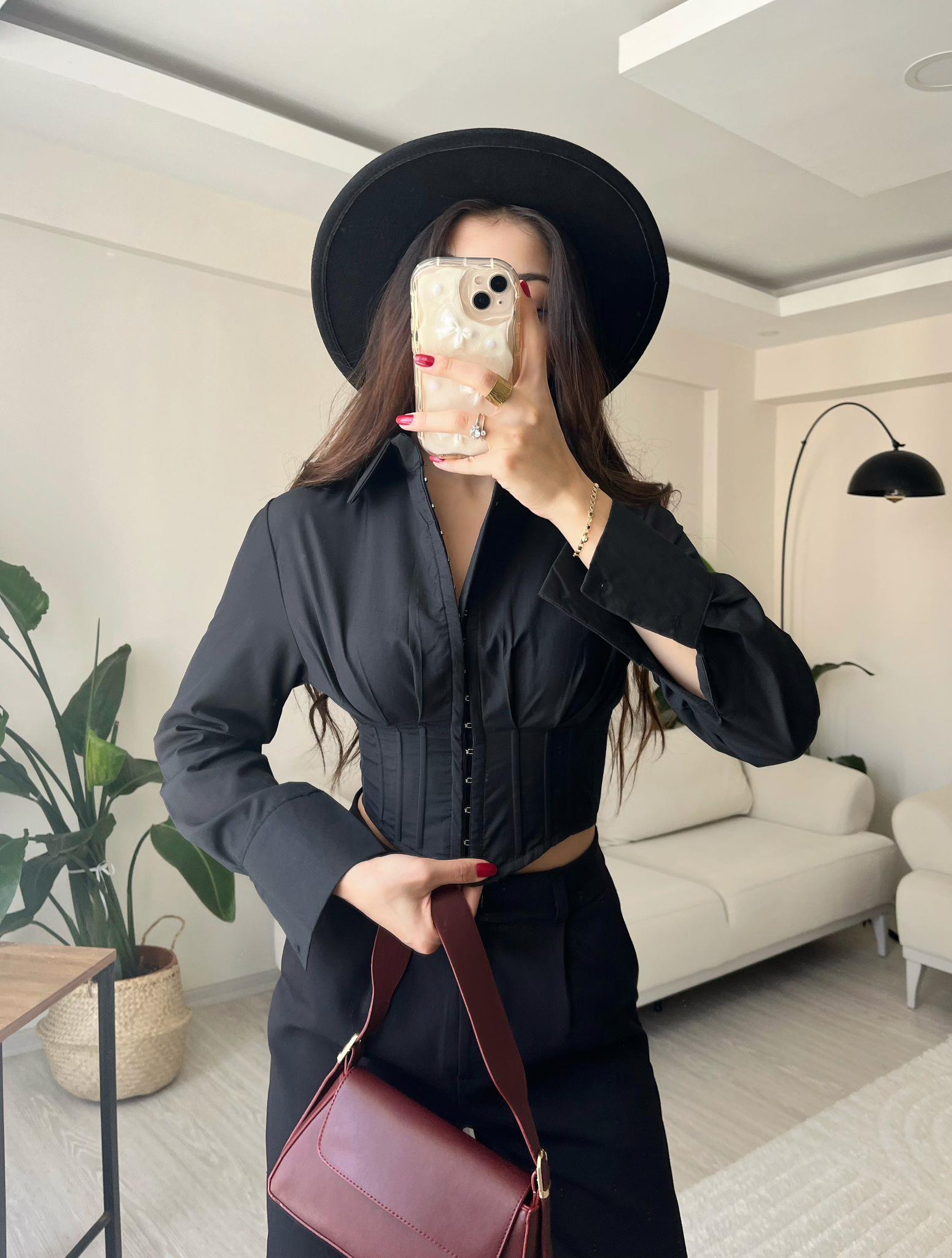 Luna Agraflı Balenli Poplin Korse Gömlek Siyah