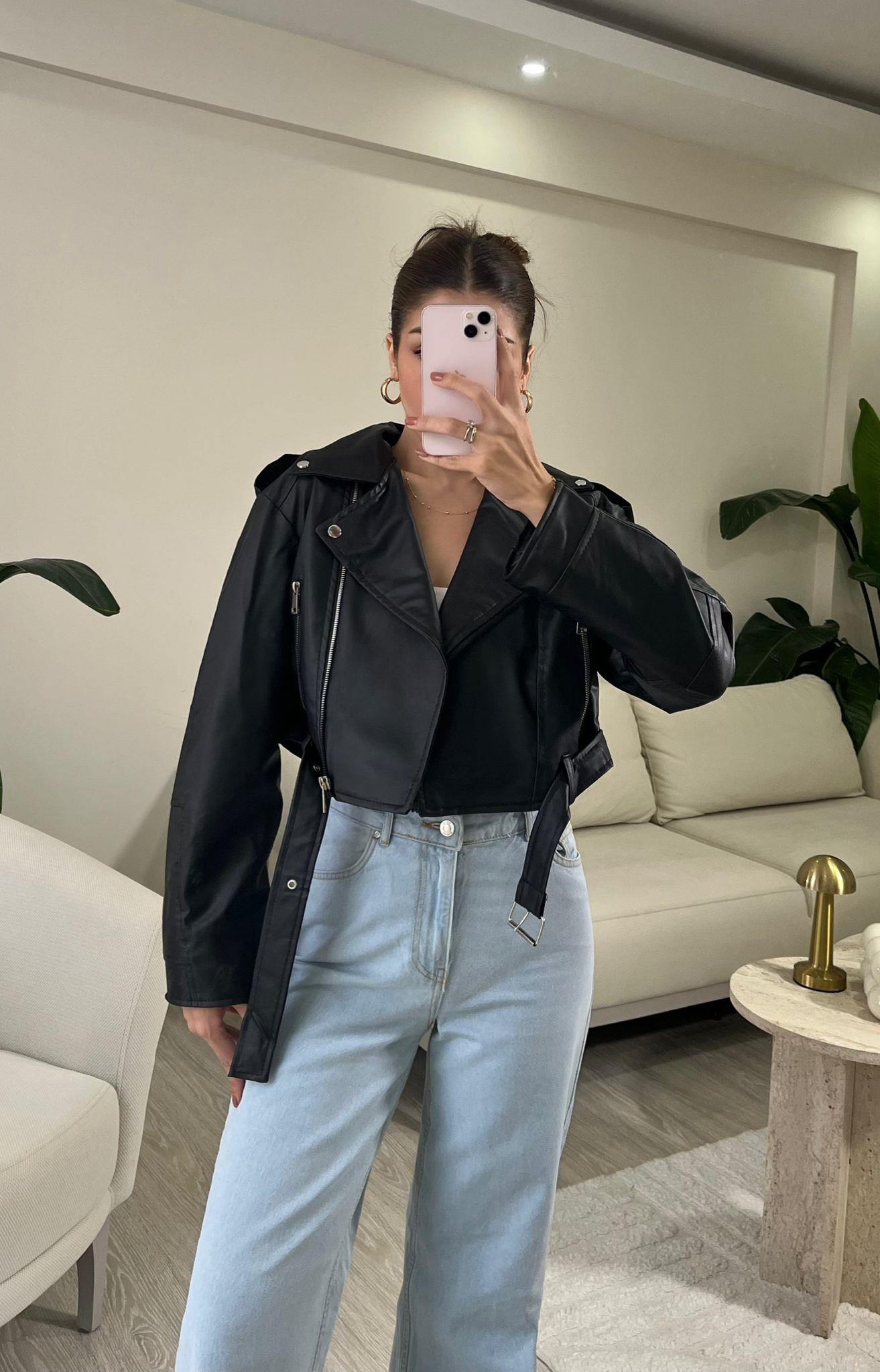 Lunara Kemerli Biker Crop Deri Ceket Siyah