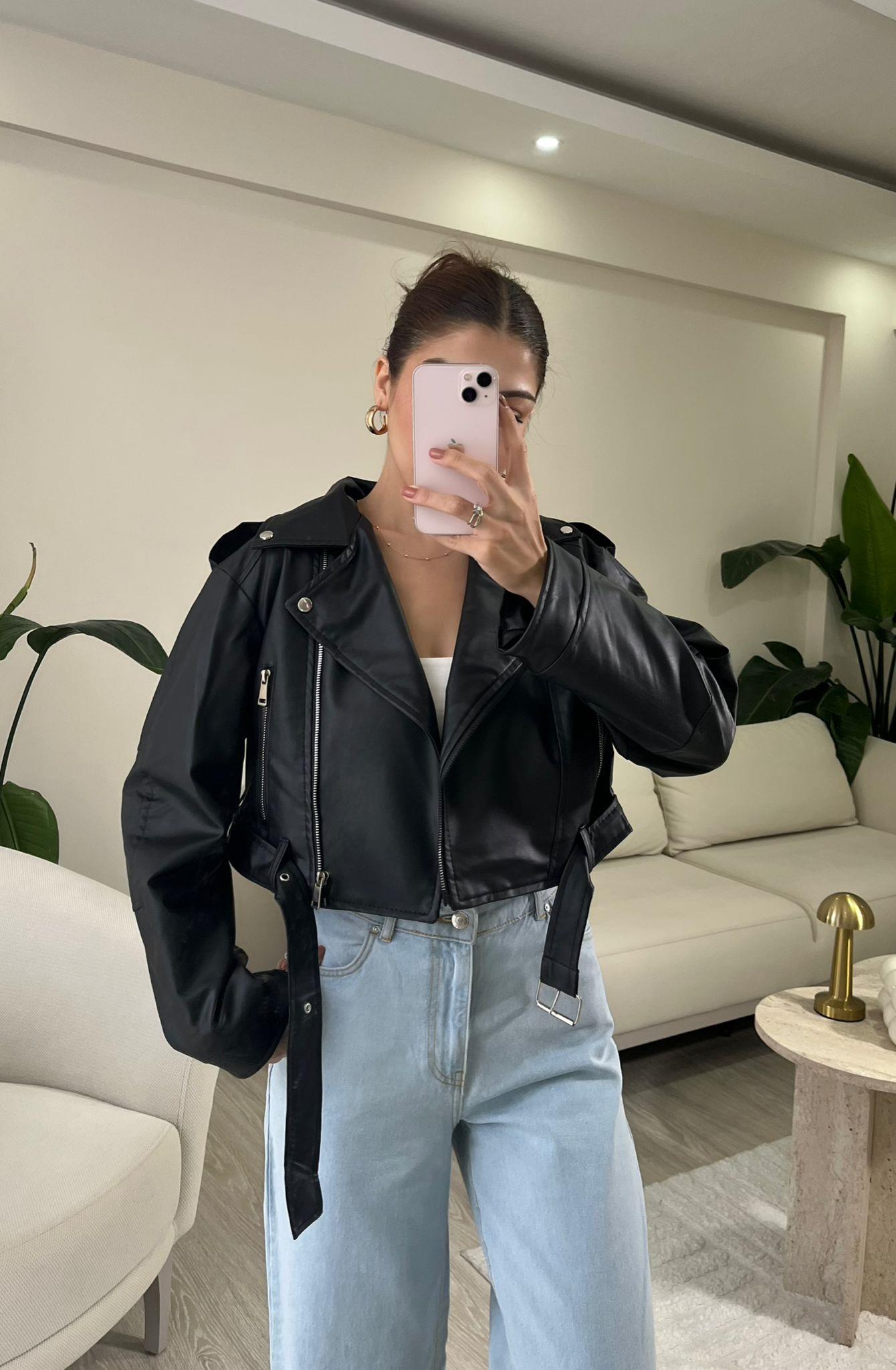 Lunara Kemerli Biker Crop Deri Ceket Siyah