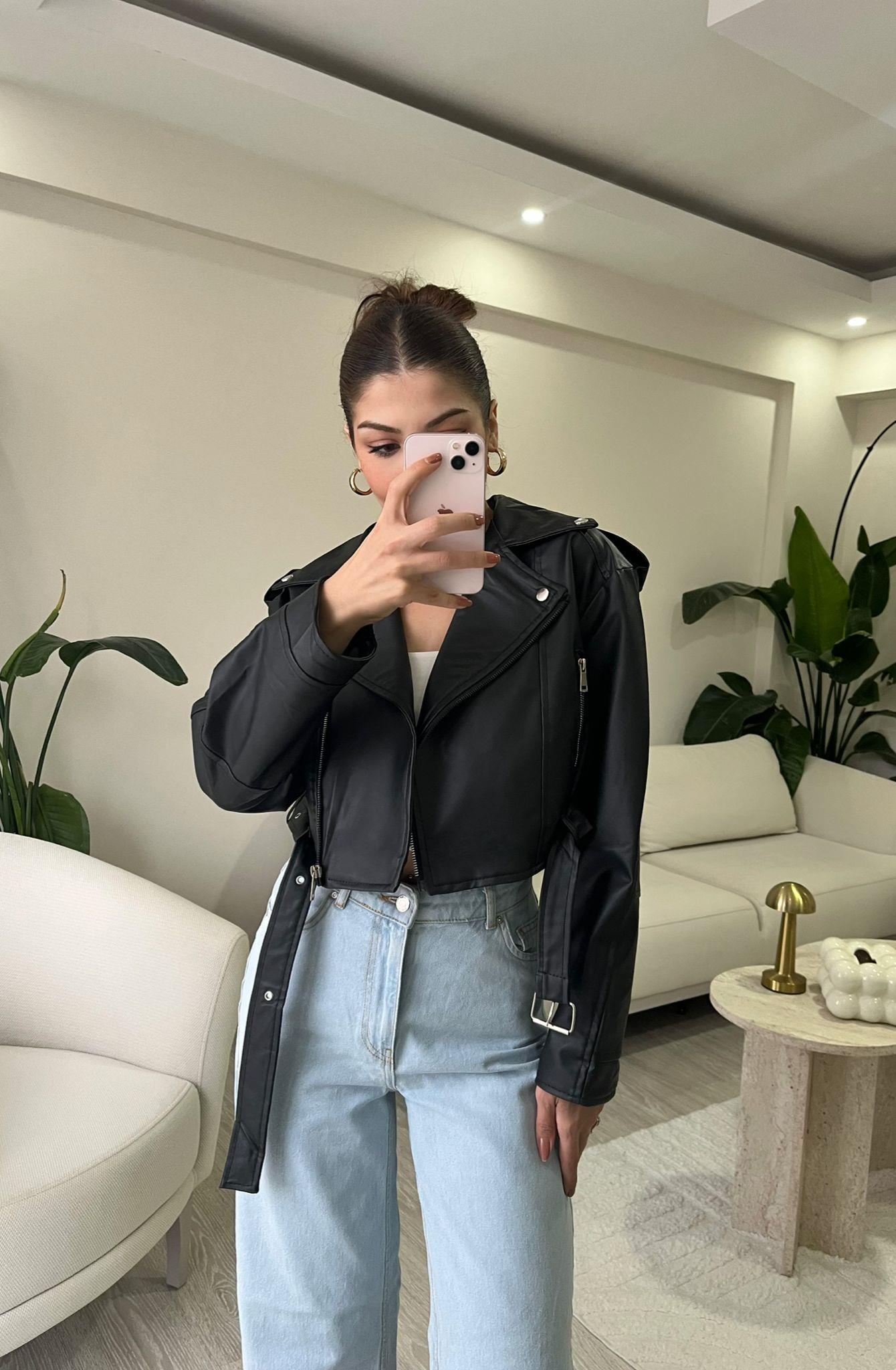Lunara Kemerli Biker Crop Deri Ceket Siyah