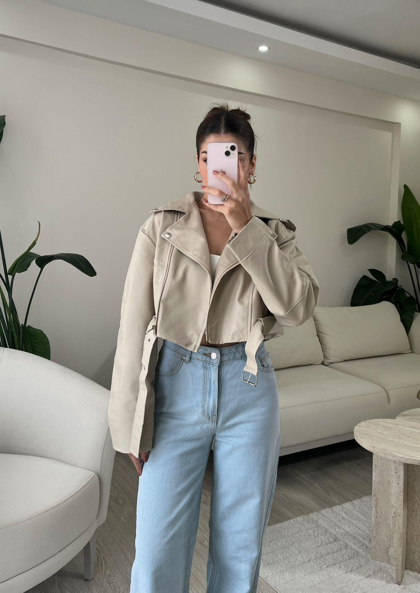 Lunara Kemerli Biker Crop Deri Ceket Taş