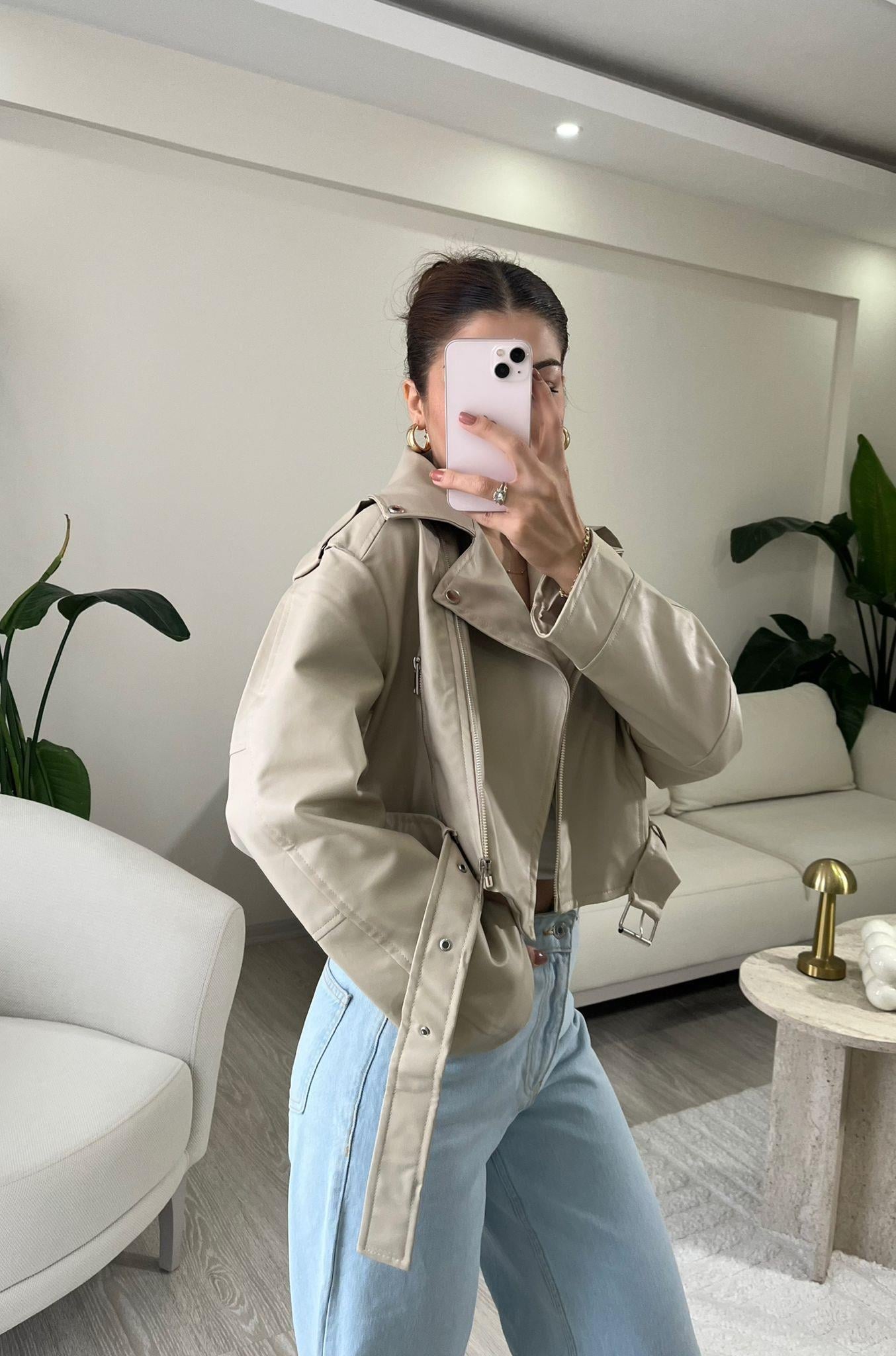 Lunara Kemerli Biker Crop Deri Ceket Taş