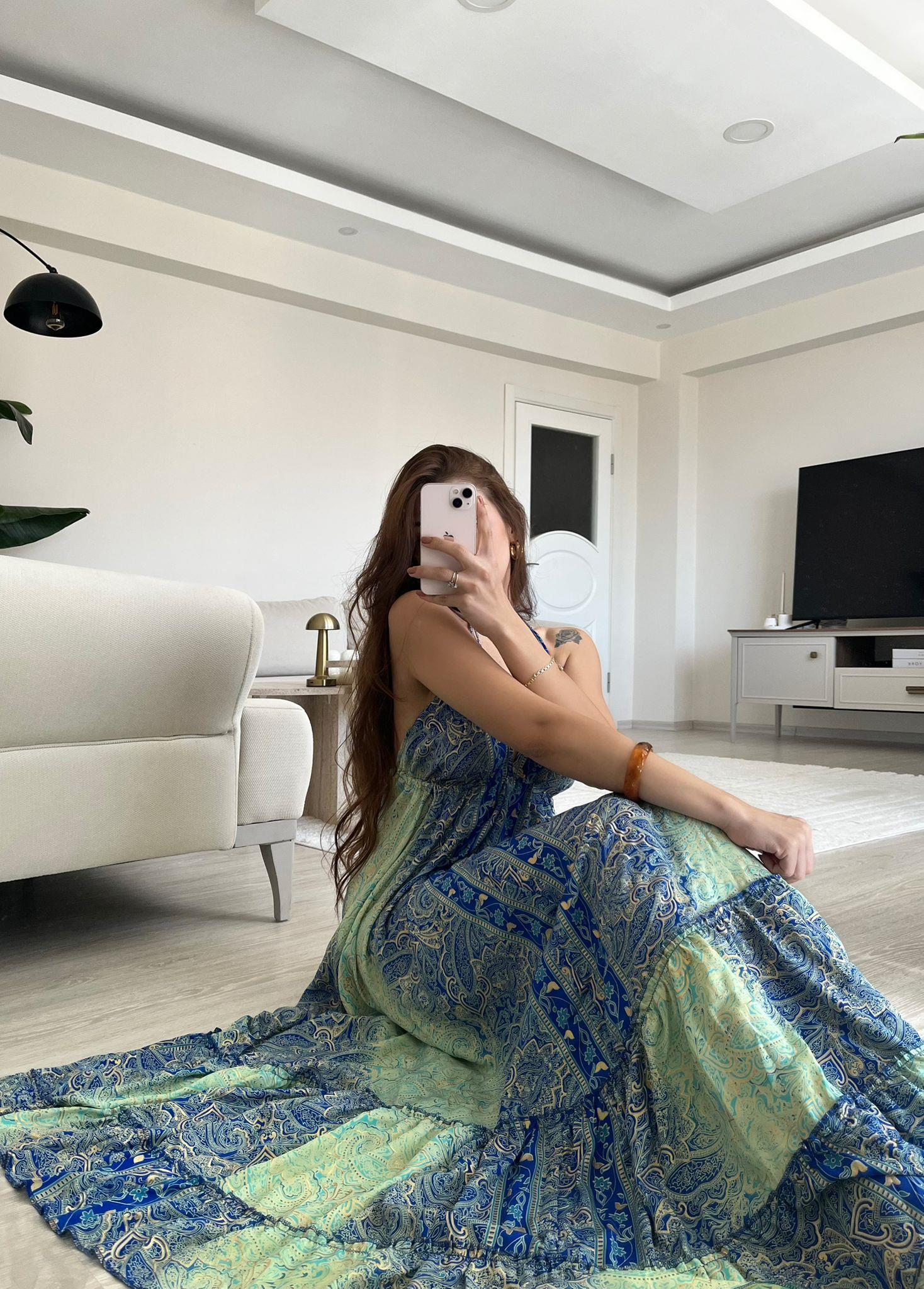 Lunita Sırt Dekolteli Etnik Desen Elbise Çok Renkli