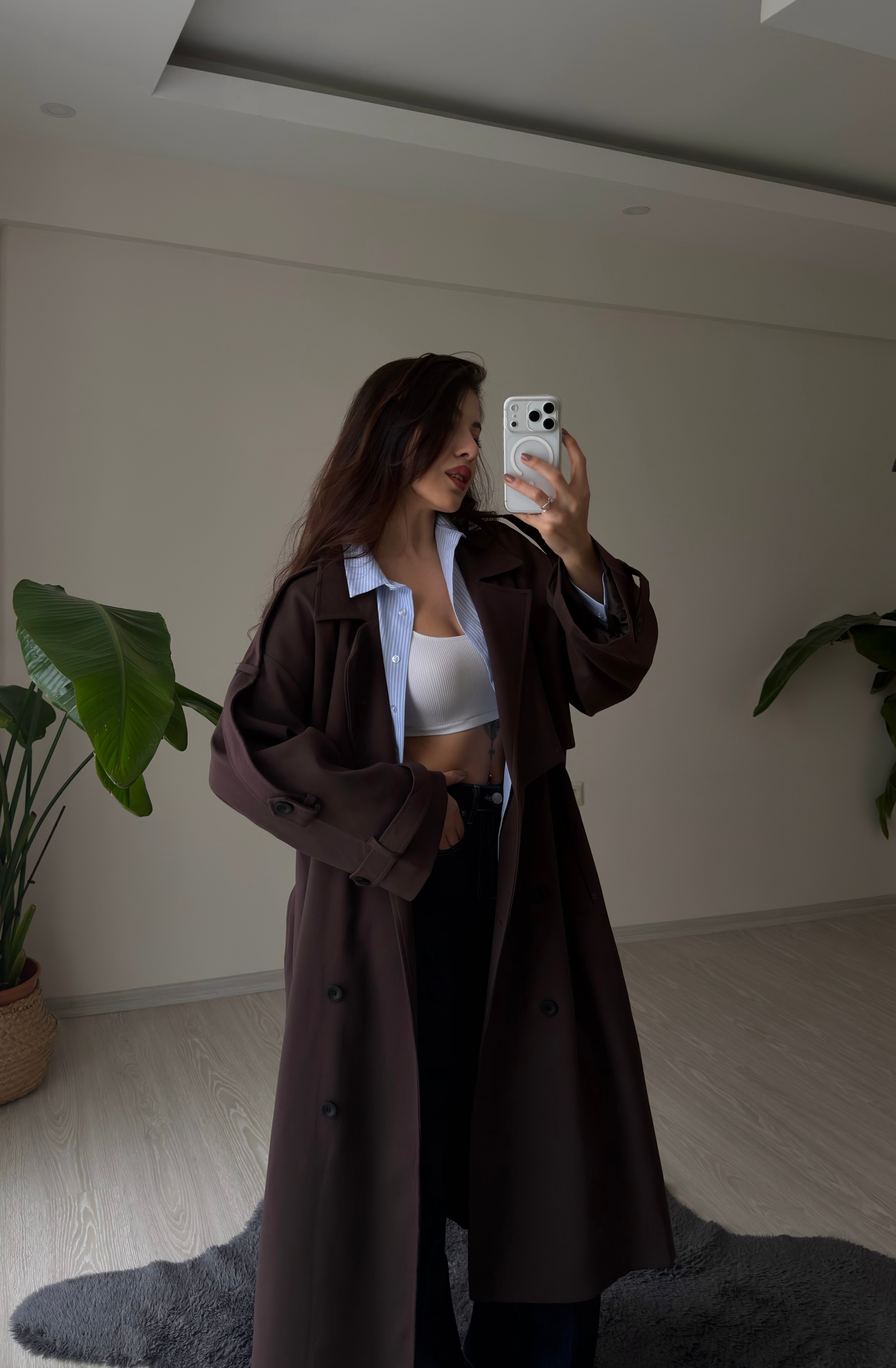 Luxe Apoletli Premium Uzun Trençkot Acı Kahve