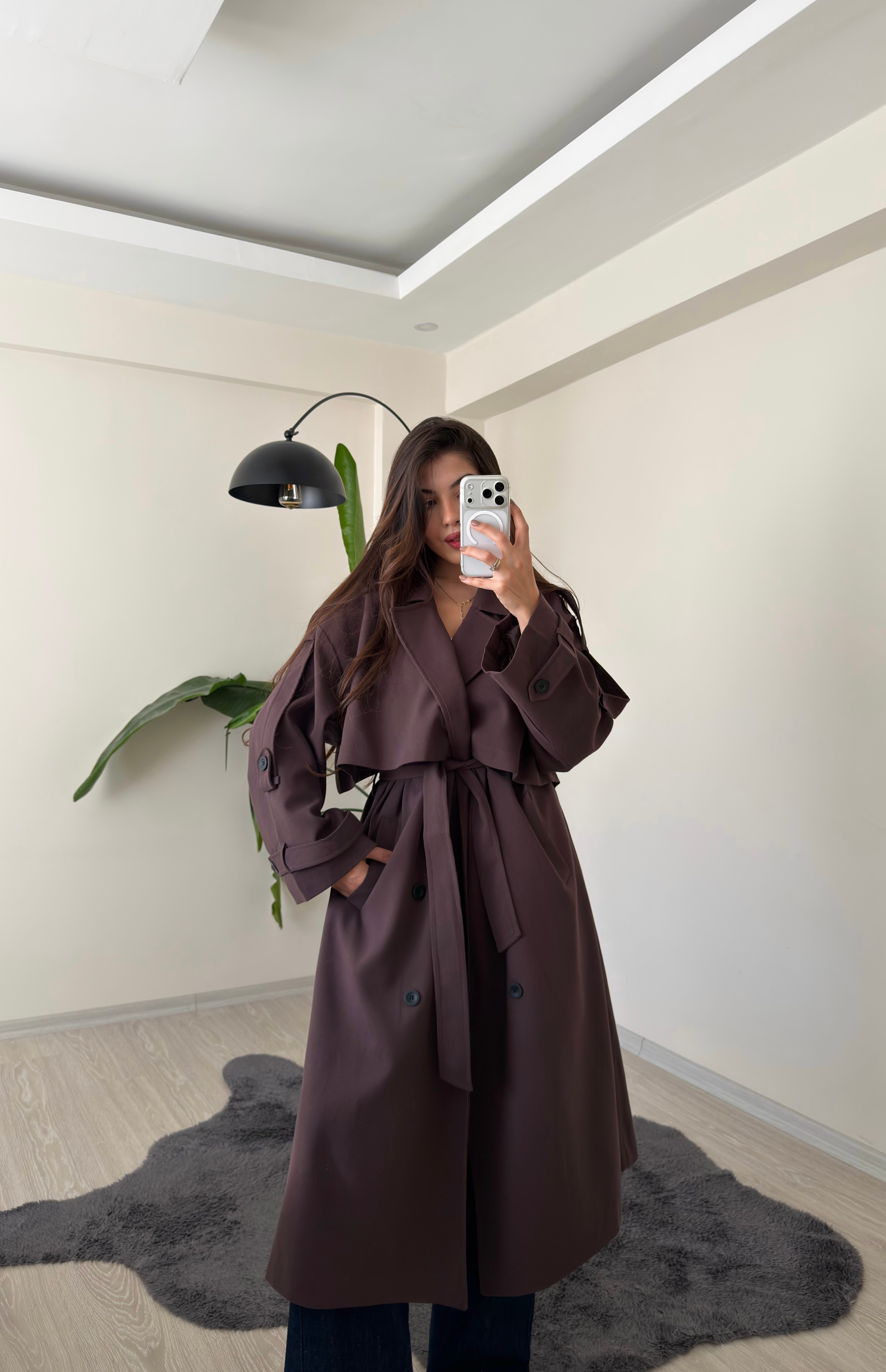 Luxe Apoletli Premium Uzun Trençkot Acı Kahve