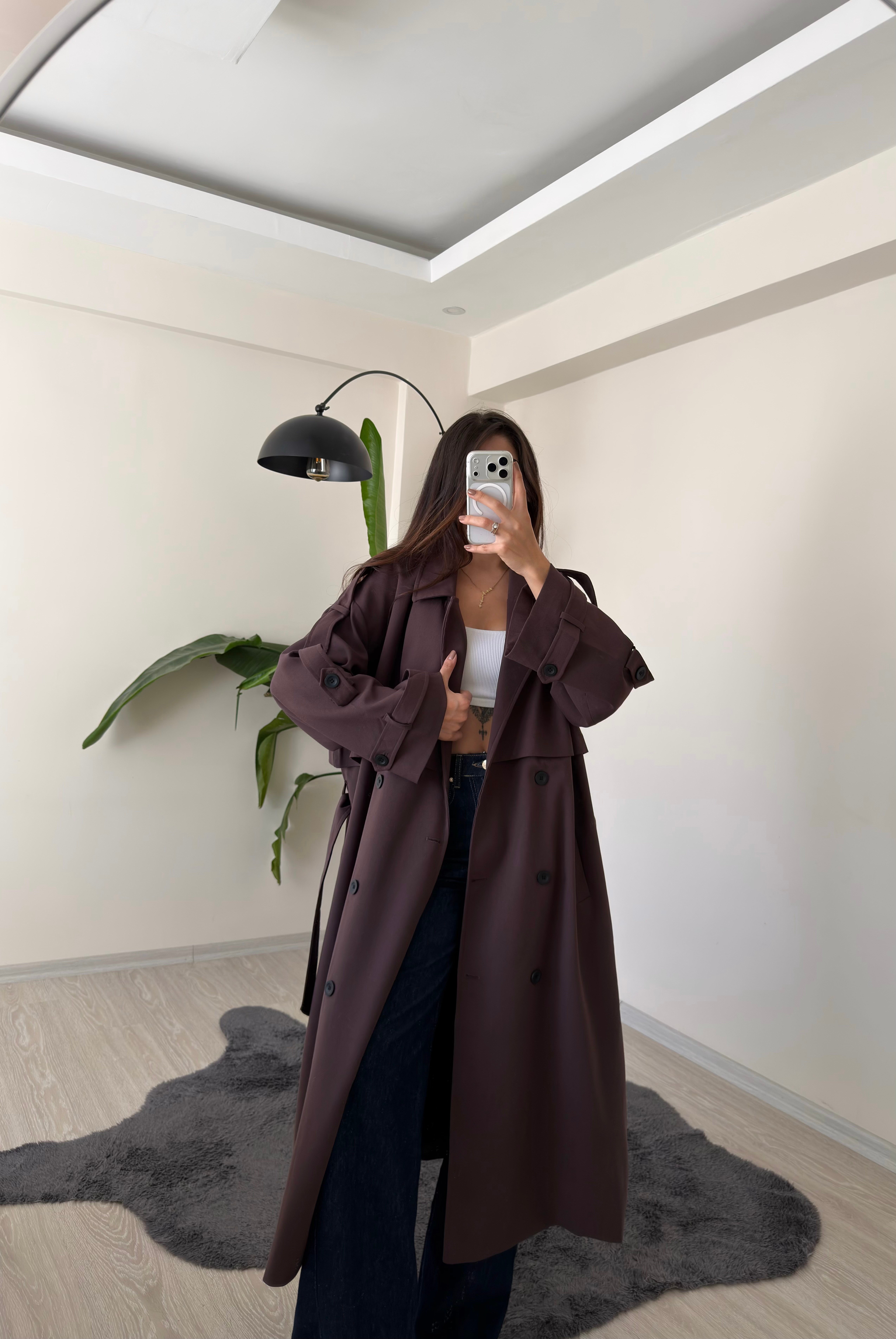 Luxe Apoletli Premium Uzun Trençkot Acı Kahve