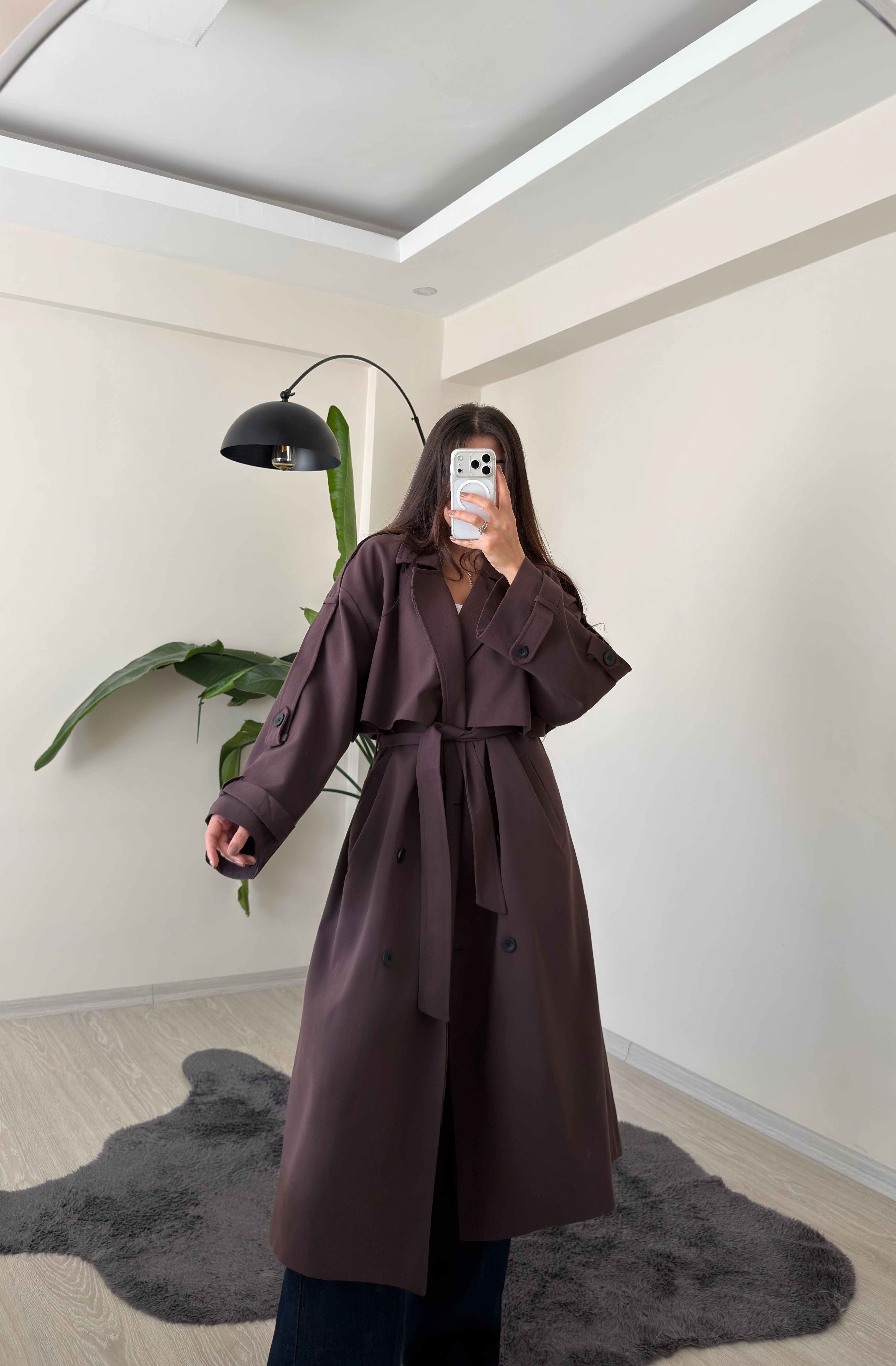 Luxe Apoletli Premium Uzun Trençkot Acı Kahve
