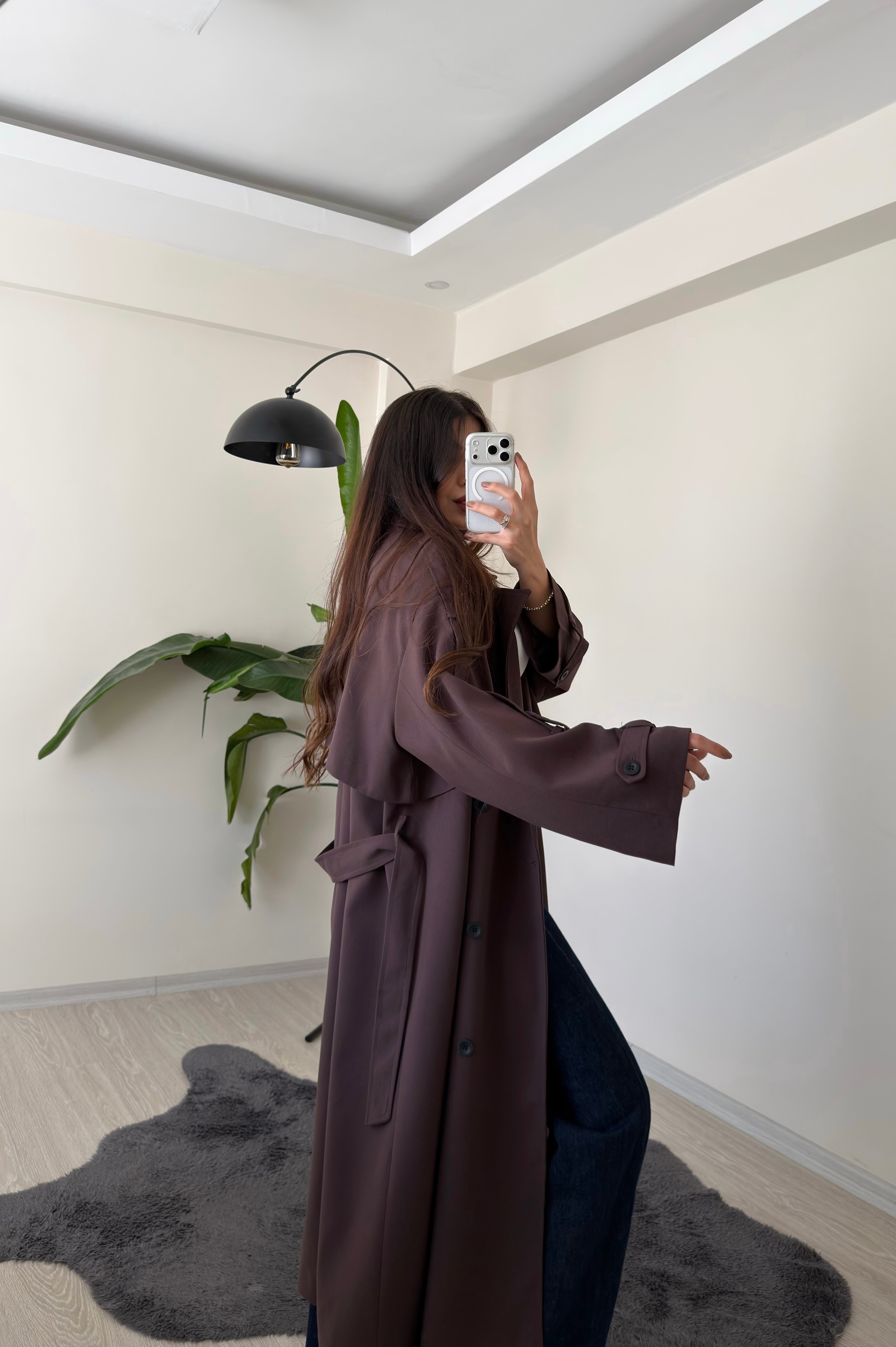 Luxe Apoletli Premium Uzun Trençkot Acı Kahve