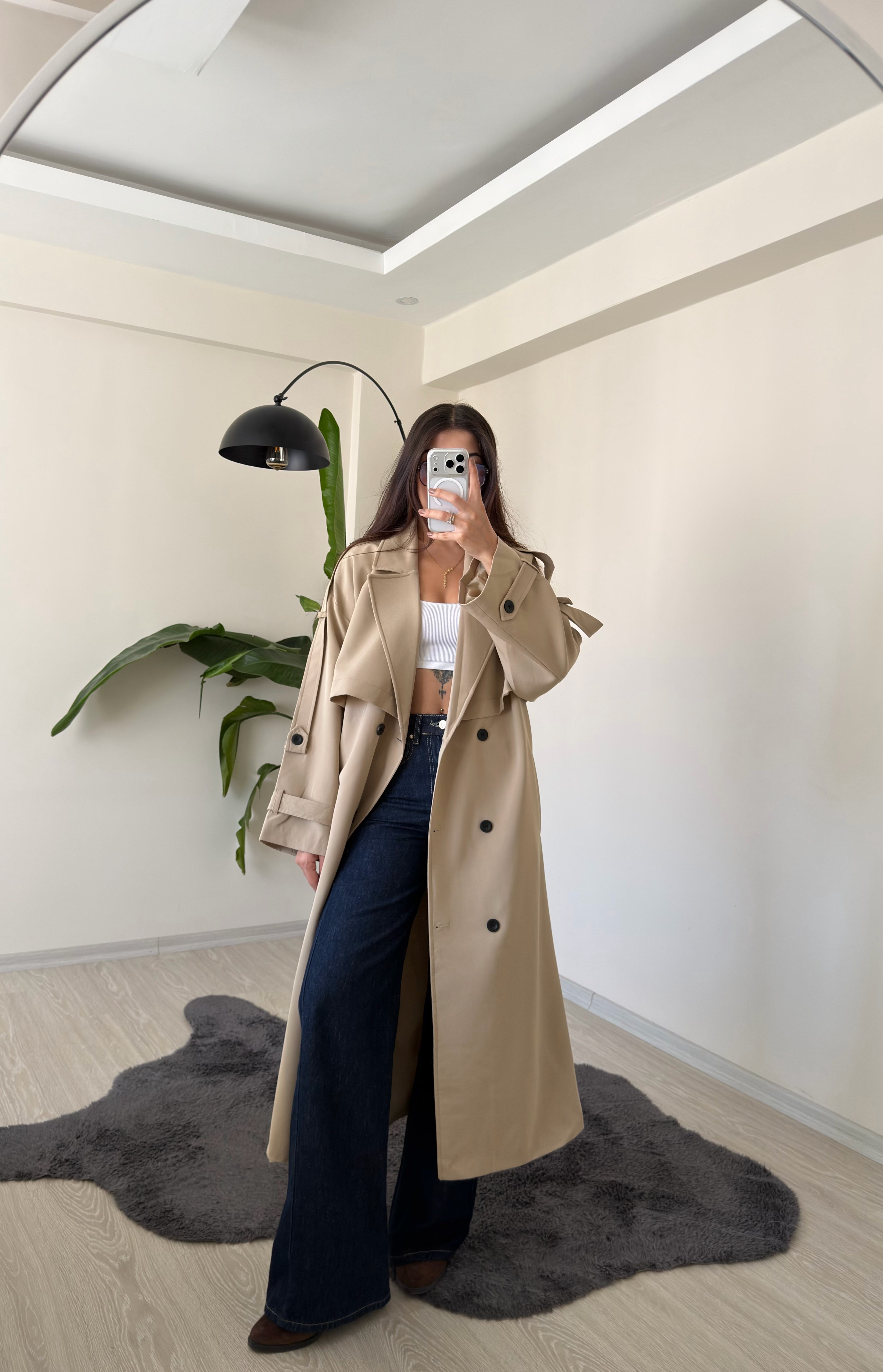Luxe Apoletli Premium Uzun Trençkot Camel