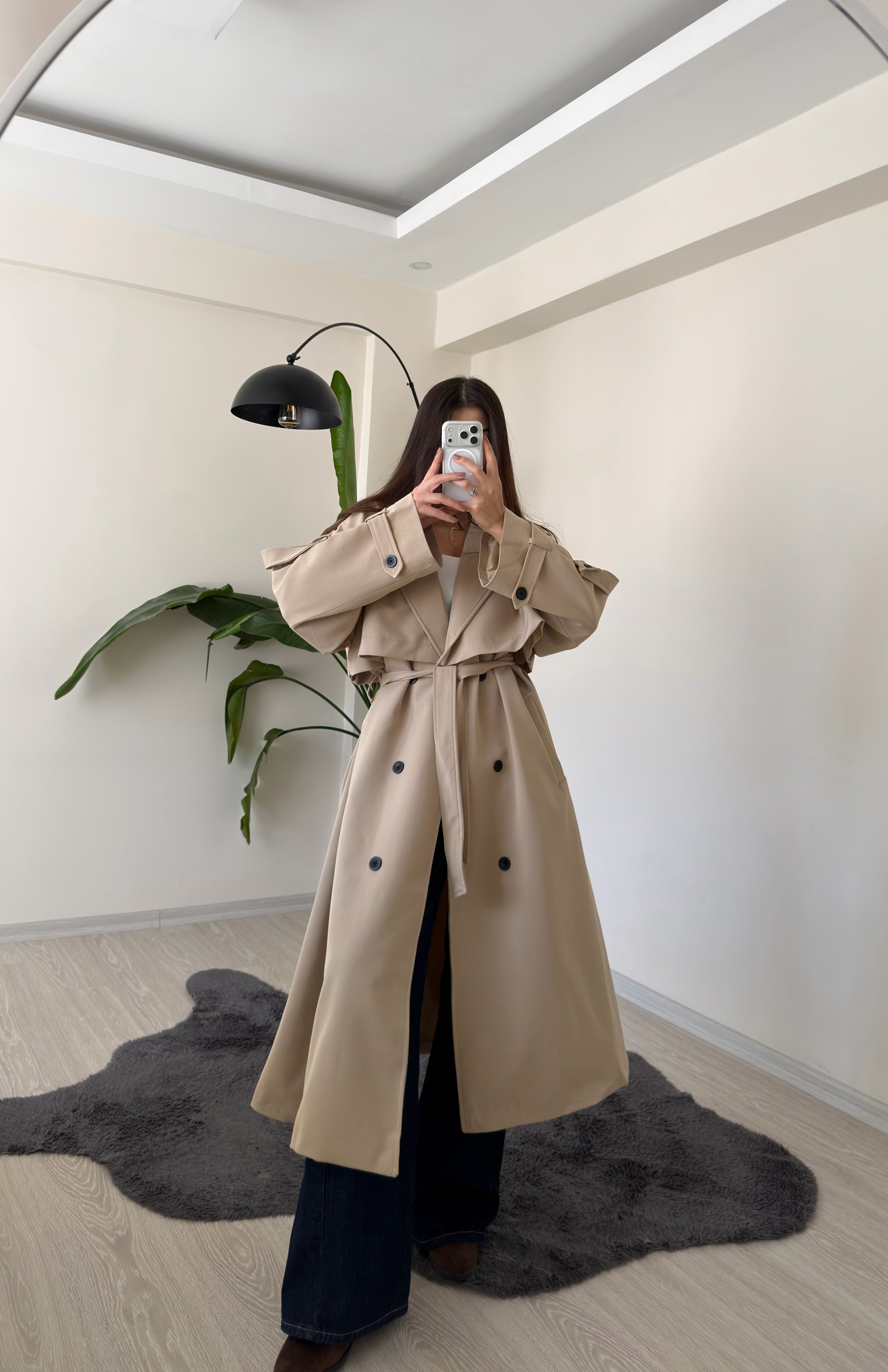 Luxe Apoletli Premium Uzun Trençkot Camel