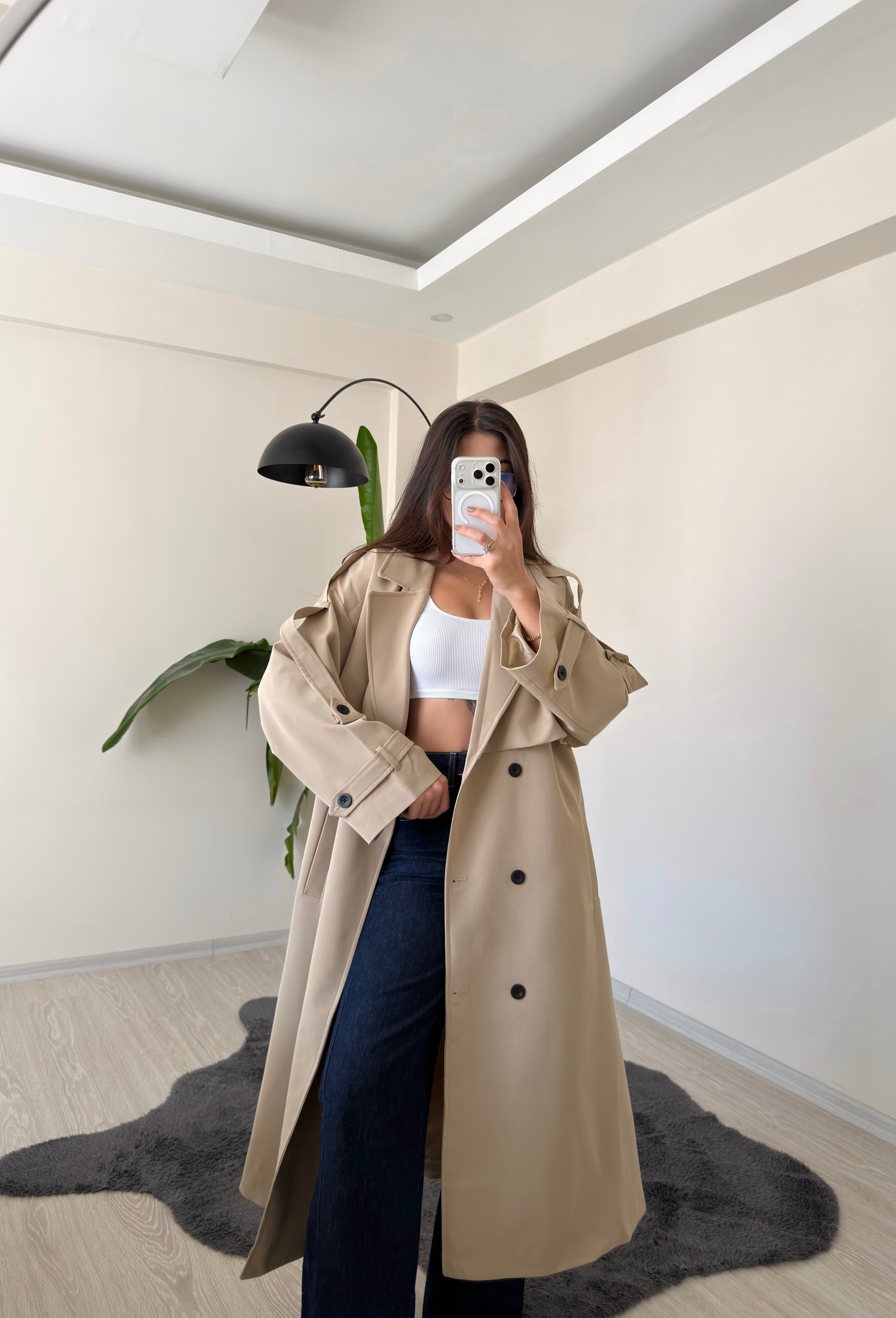 Luxe Apoletli Premium Uzun Trençkot Camel