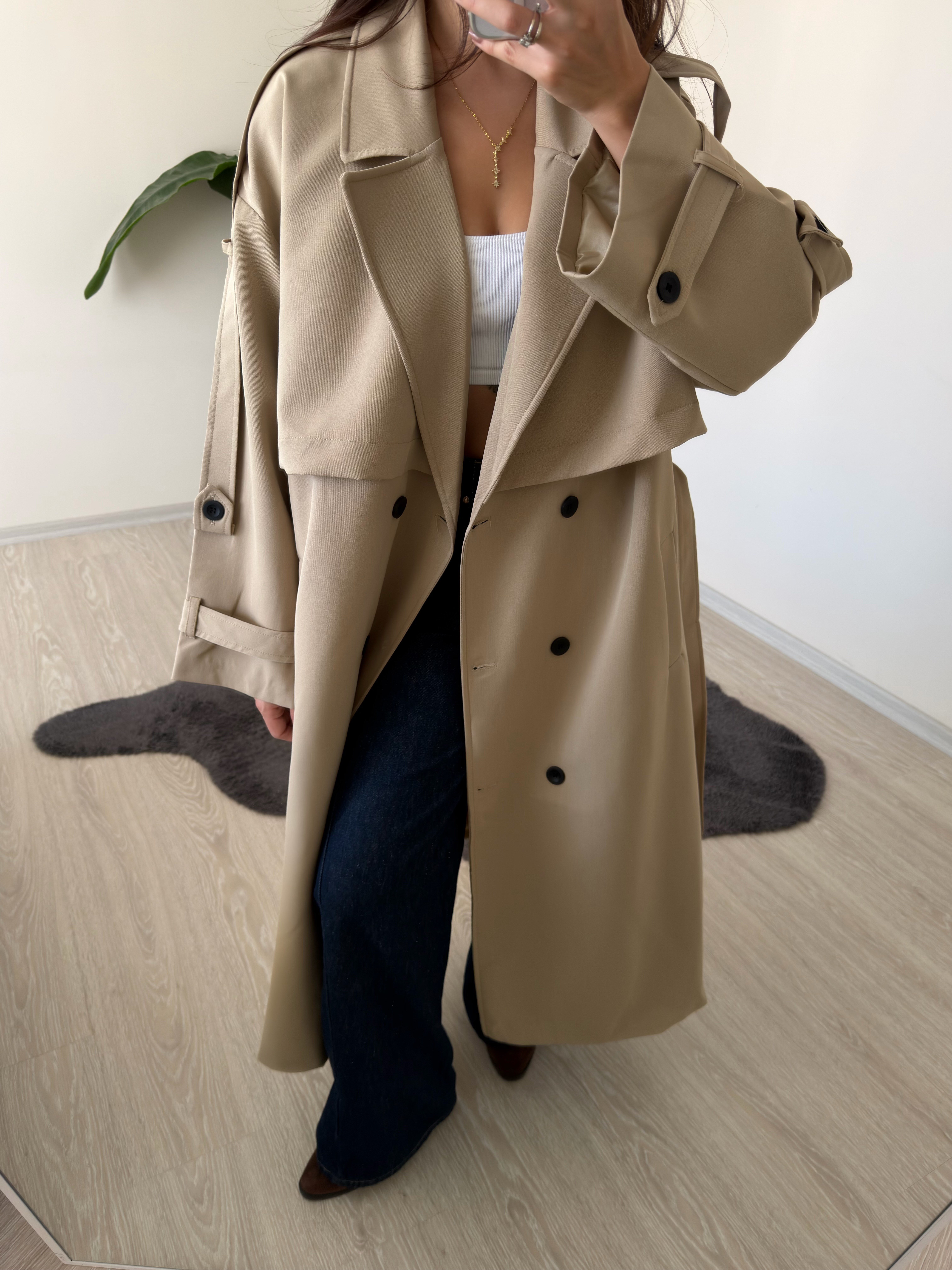 Luxe Apoletli Premium Uzun Trençkot Camel