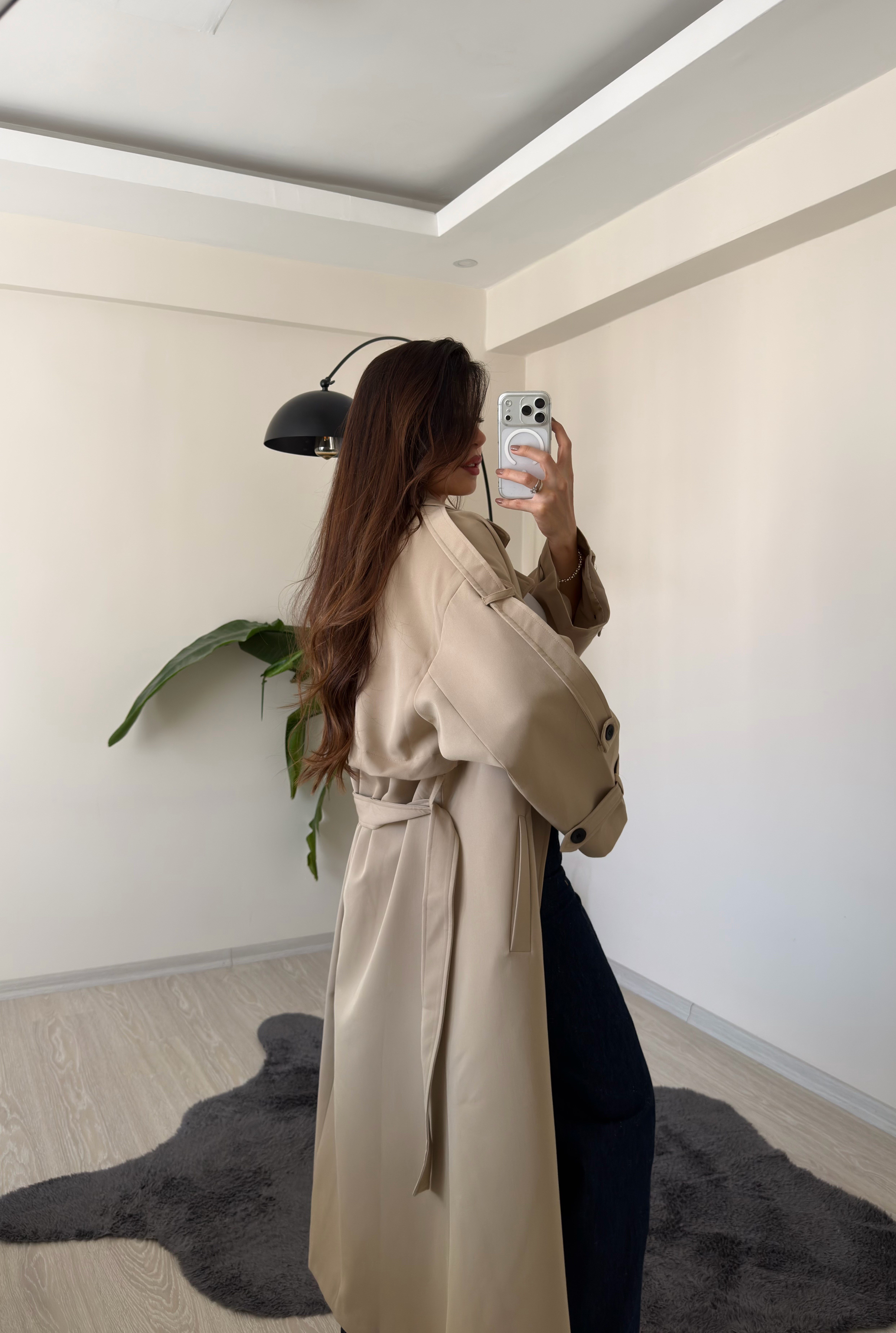 Luxe Apoletli Premium Uzun Trençkot Camel