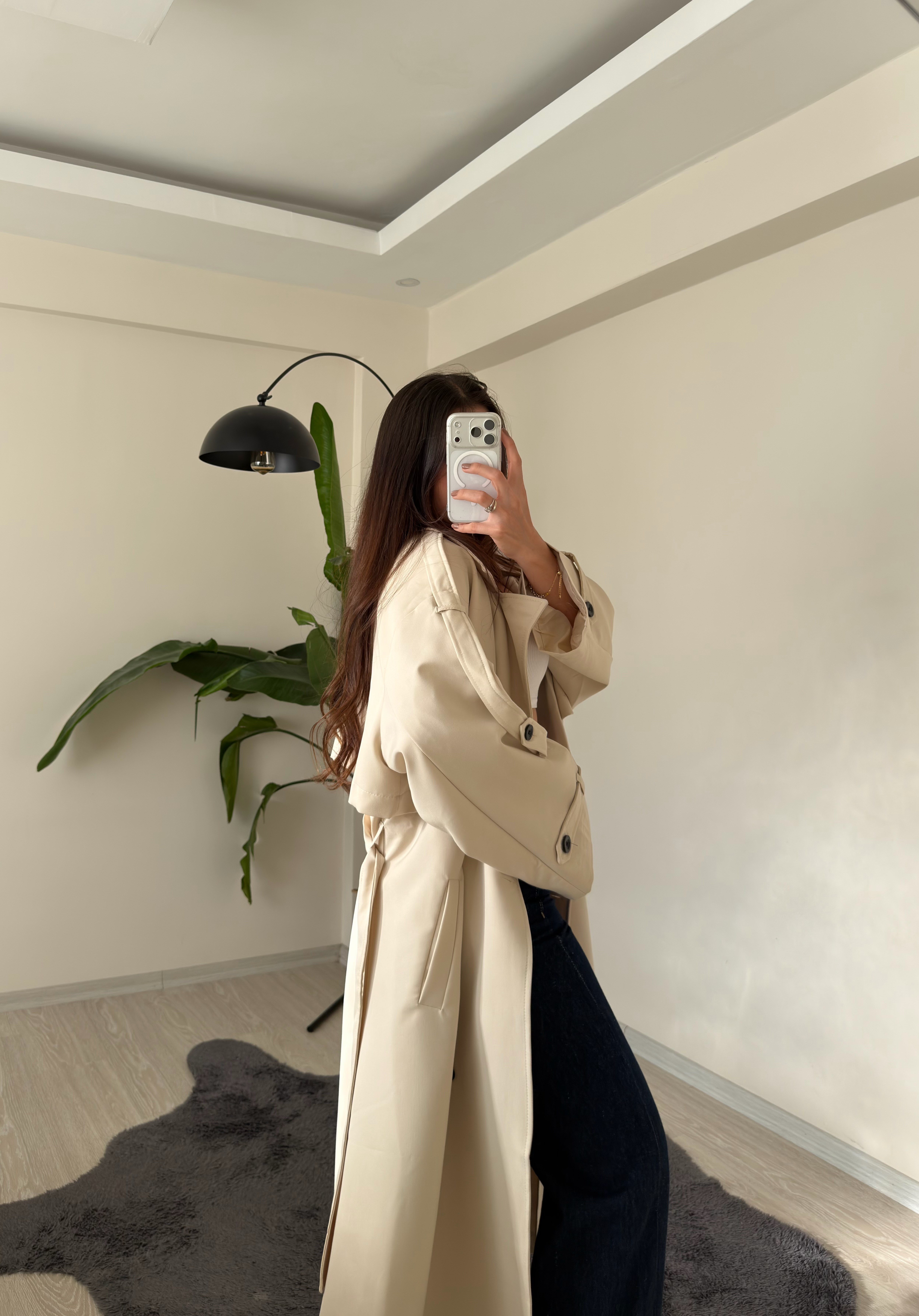 Luxe Apoletli Premium Uzun Trençkot Taş