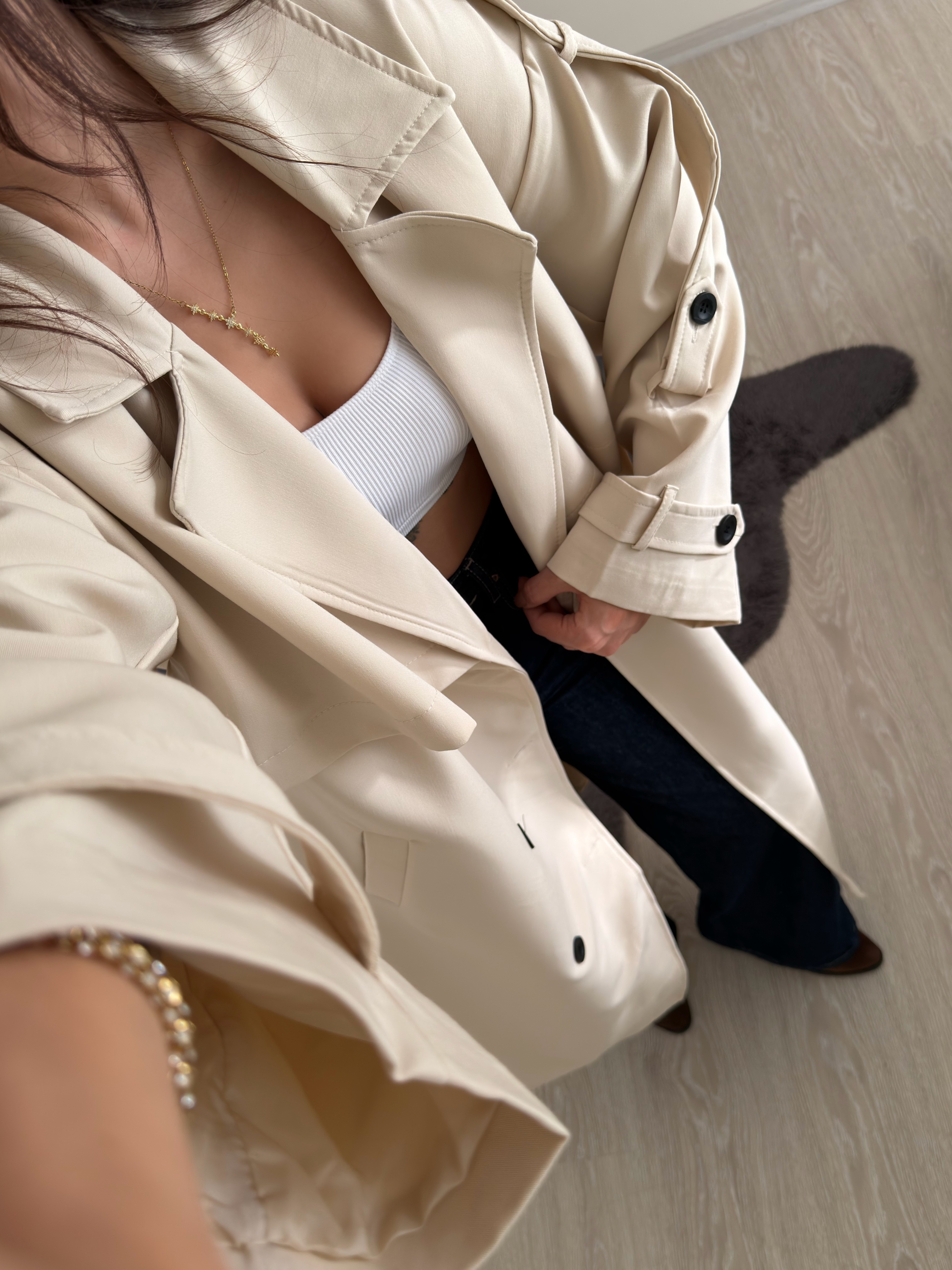 Luxe Apoletli Premium Uzun Trençkot Taş
