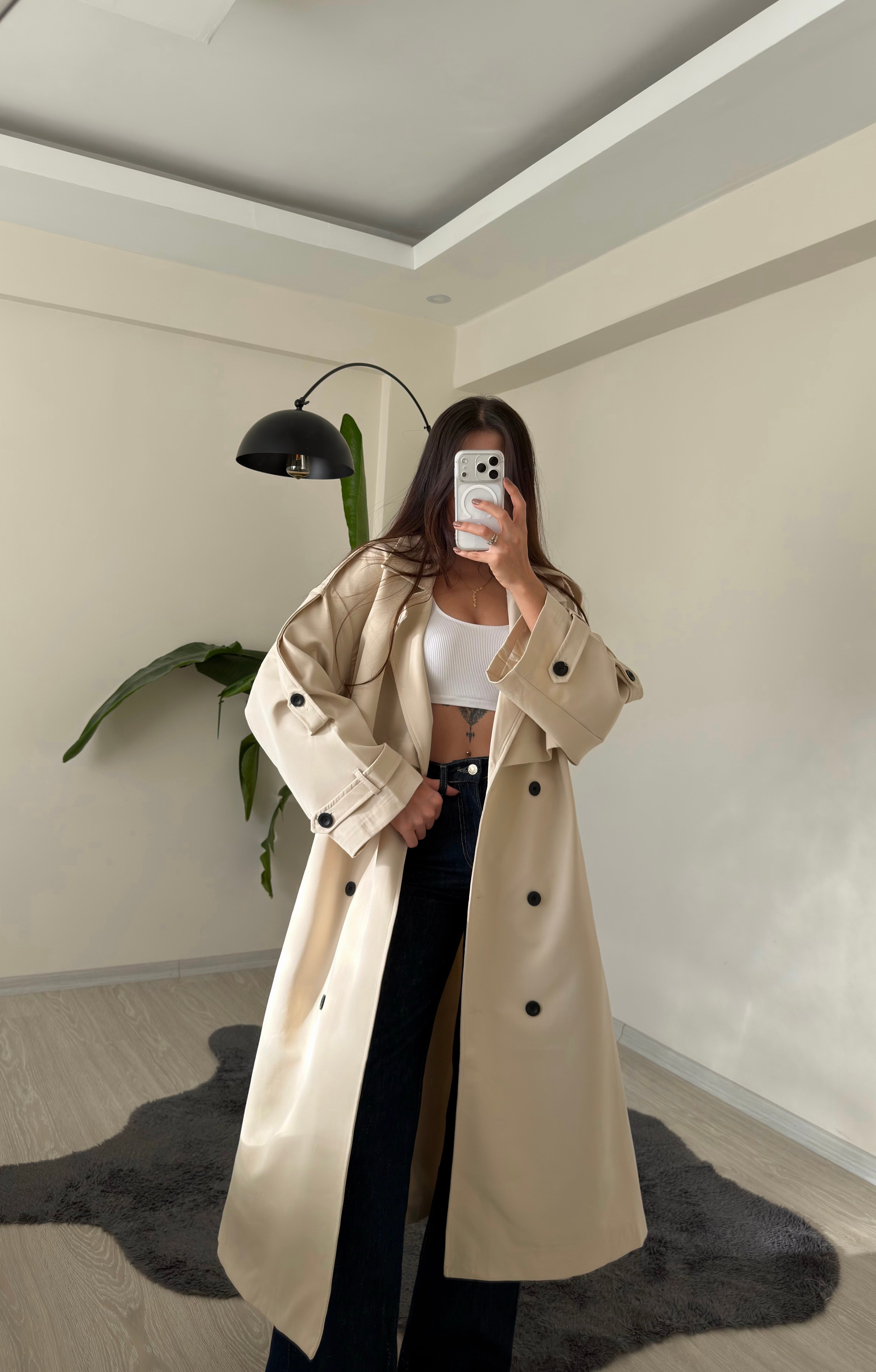 Luxe Apoletli Premium Uzun Trençkot Taş