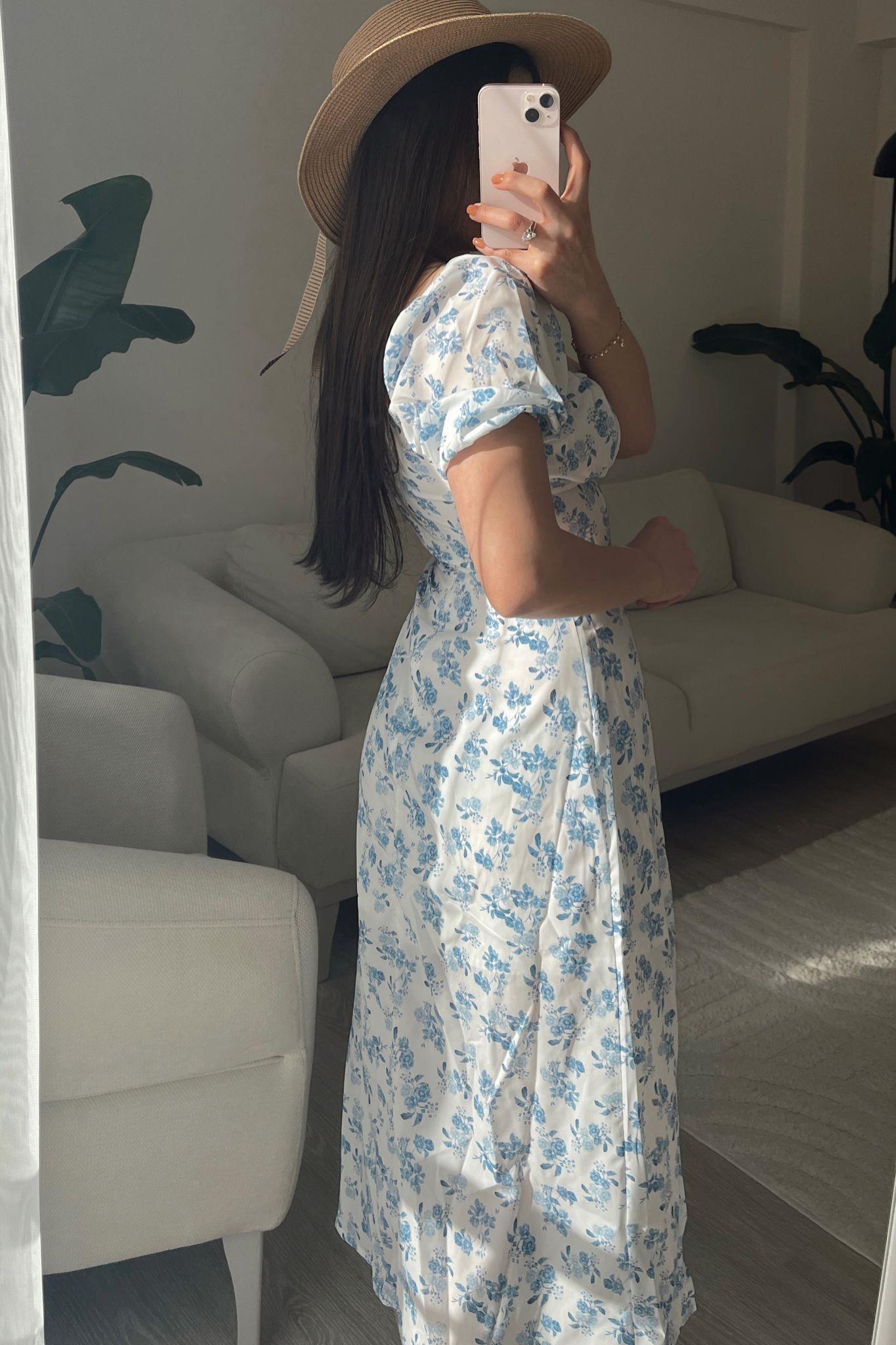 Lydia Mavi Çiçek Desen Midi Yırtmaçlı Elbise