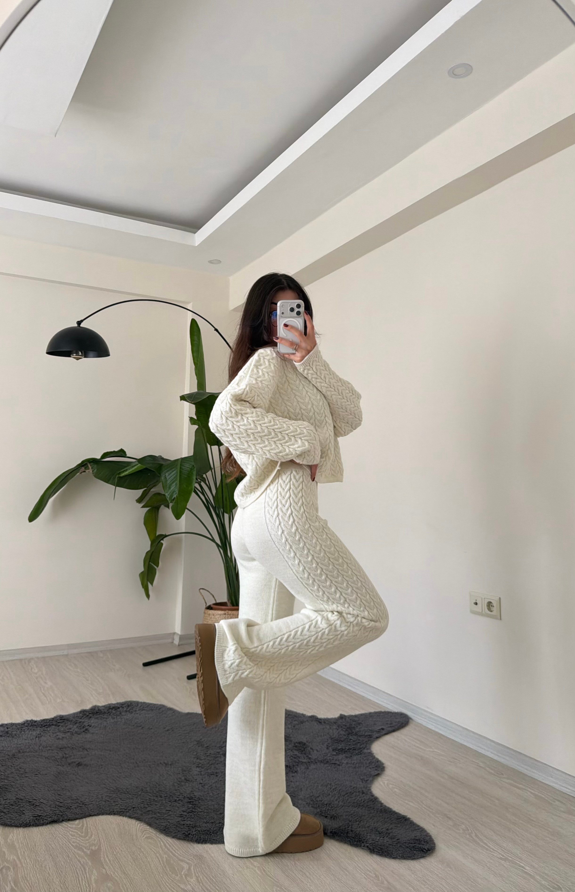 Macy Saç Örgülü Premium Triko Takım Ekru