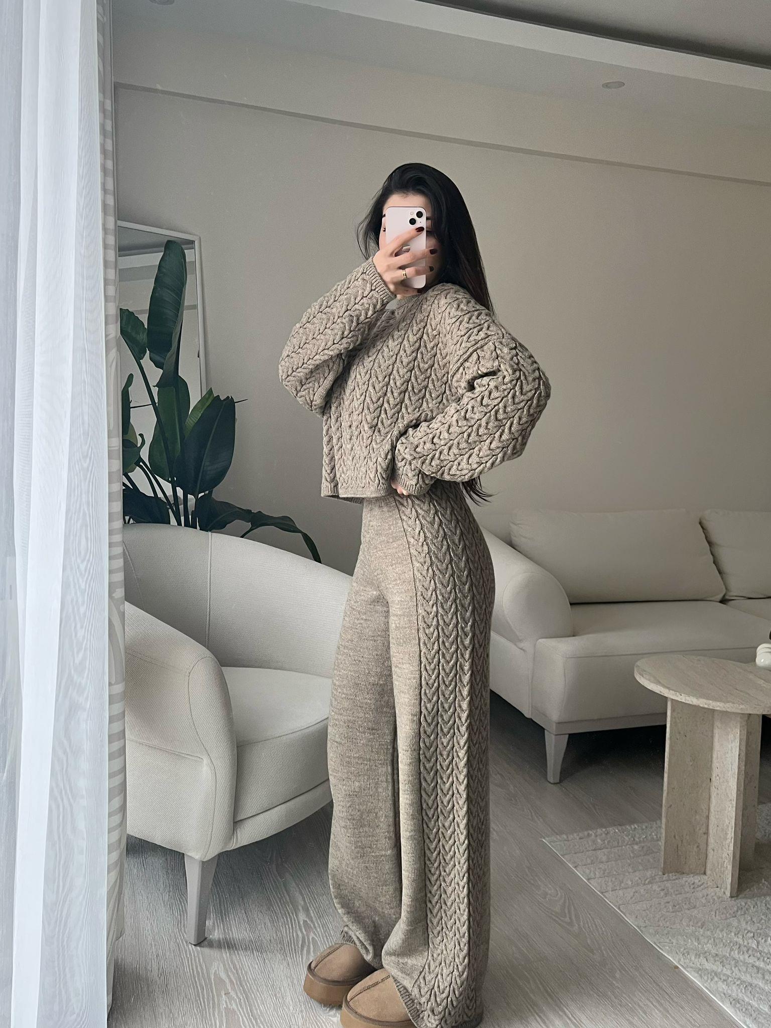 Macy Saç Örgülü Premium Triko Takım Kahve