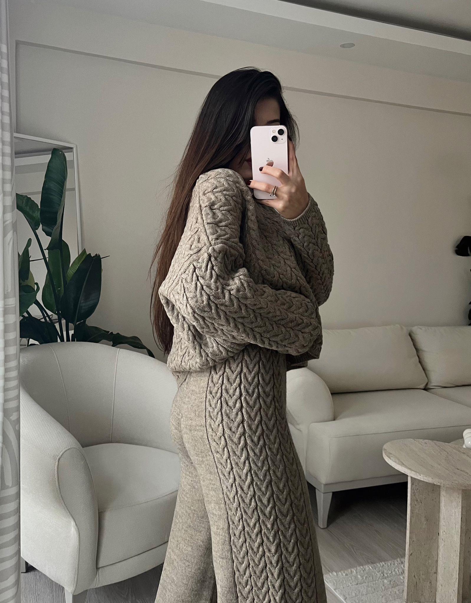 Macy Saç Örgülü Premium Triko Takım Kahve