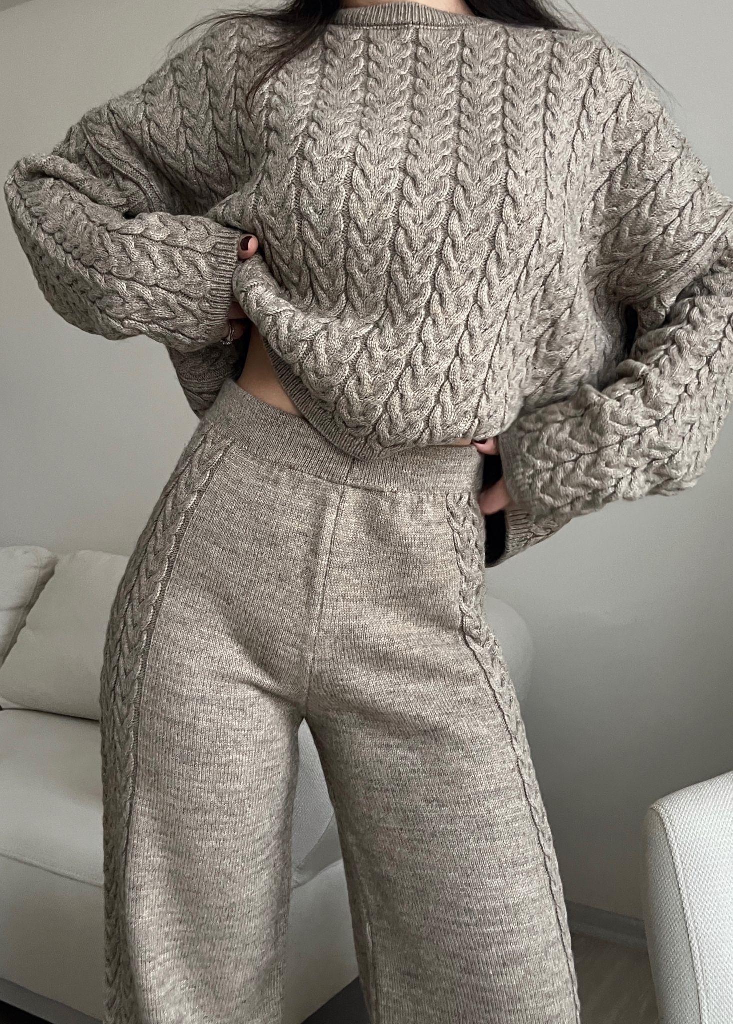 Macy Saç Örgülü Premium Triko Takım Kahve
