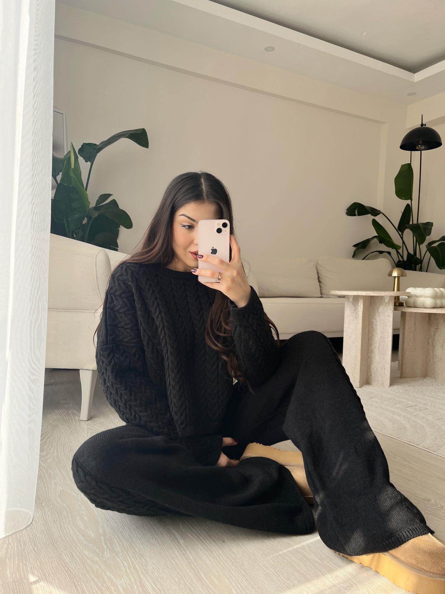 Macy Saç Örgülü Premium Triko Takım Siyah