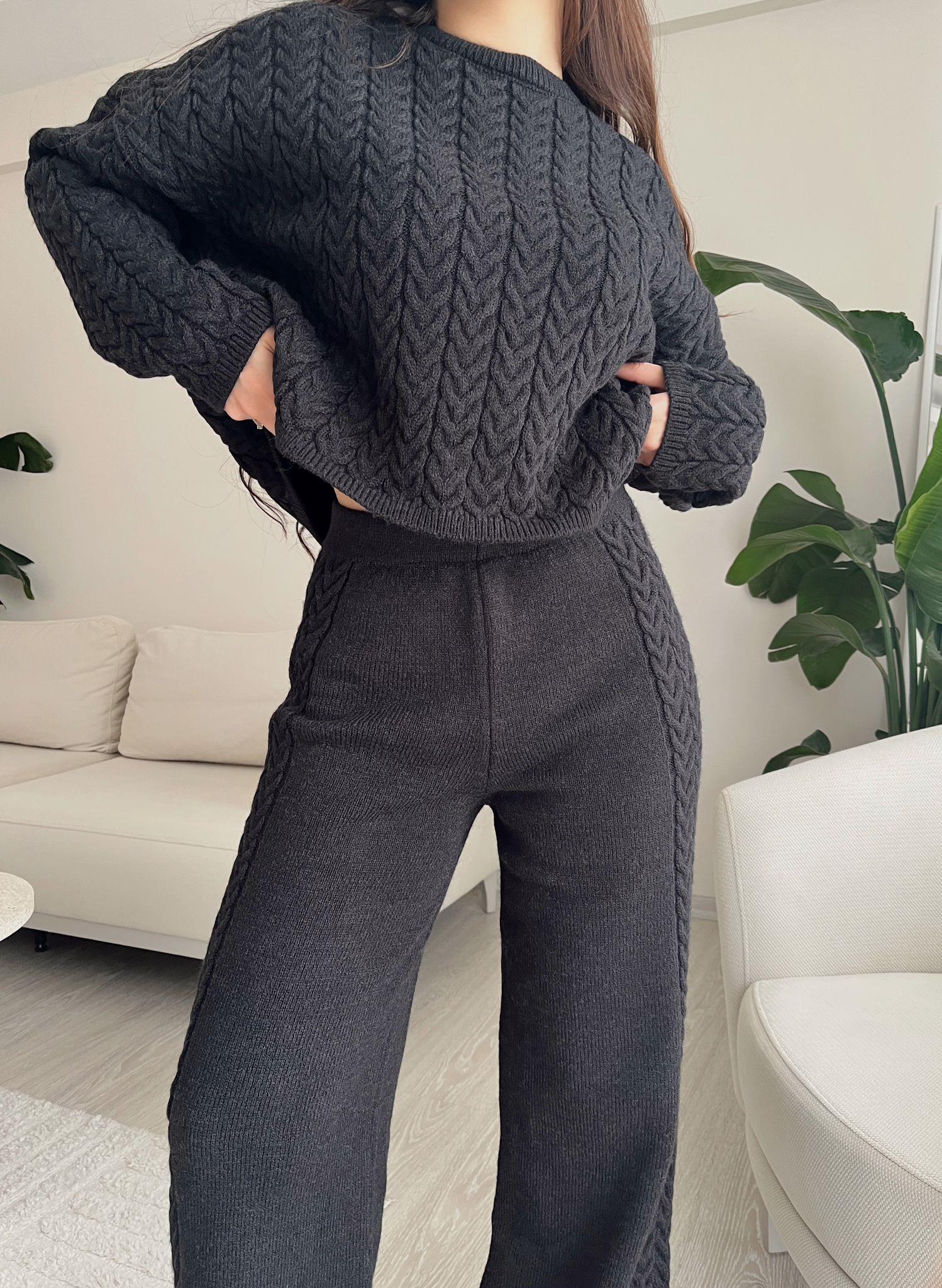 Macy Saç Örgülü Premium Triko Takım Siyah