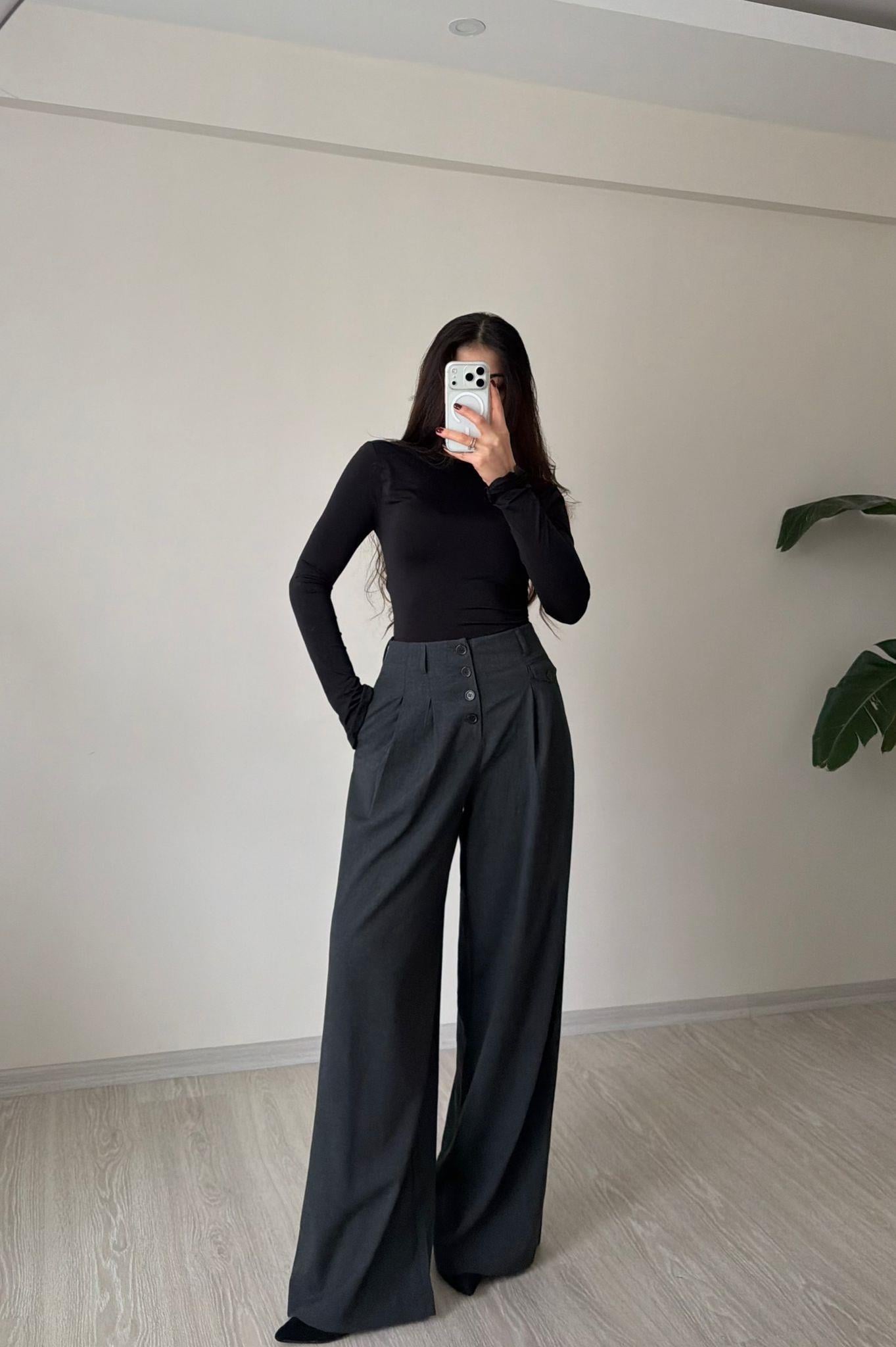 Maison Önü Düğmeli Bol Paça Pantolon Antrasit