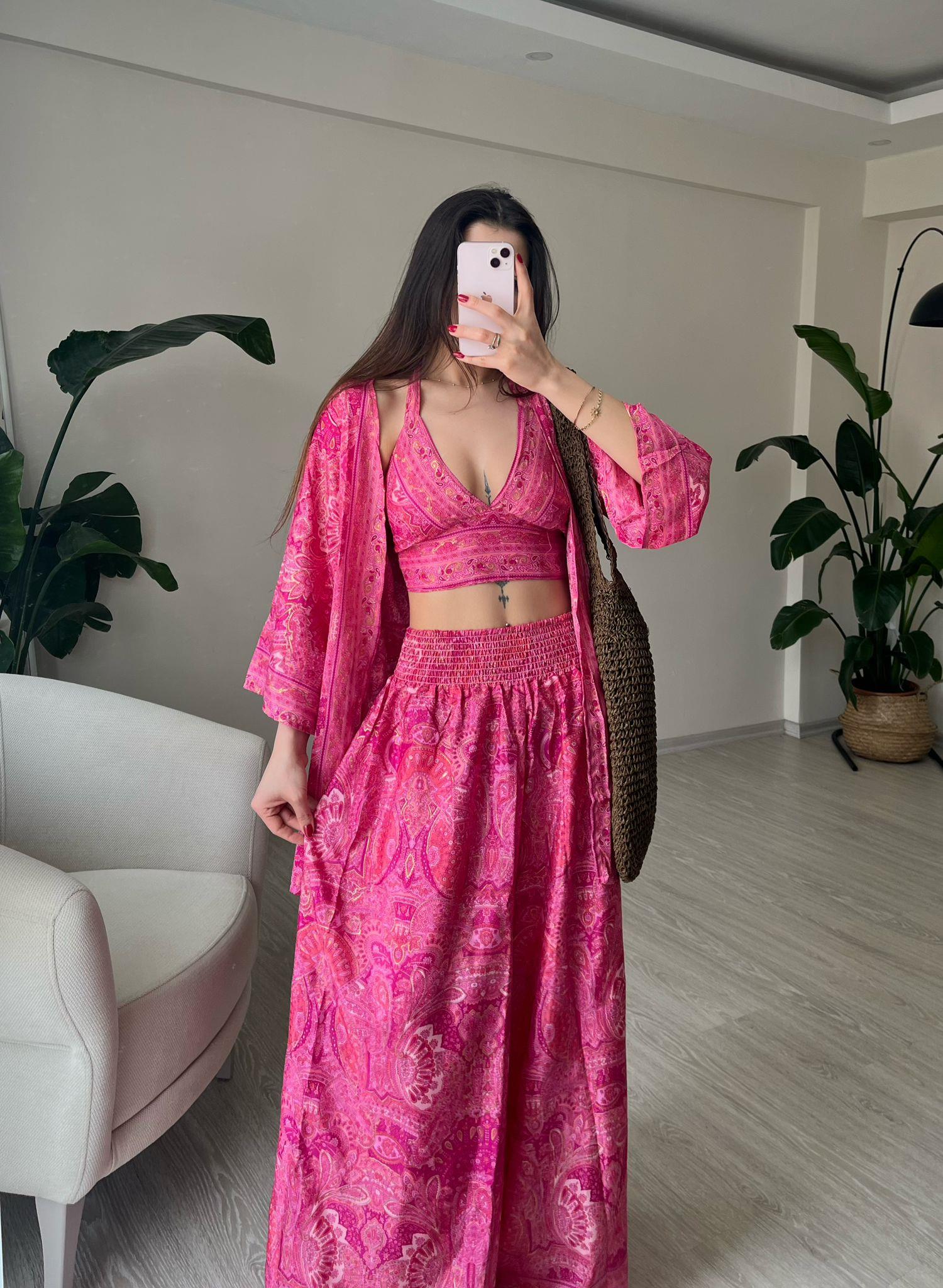 Mantra İpek Kimono Büstiyer Pantolon Üçlü Takım V
