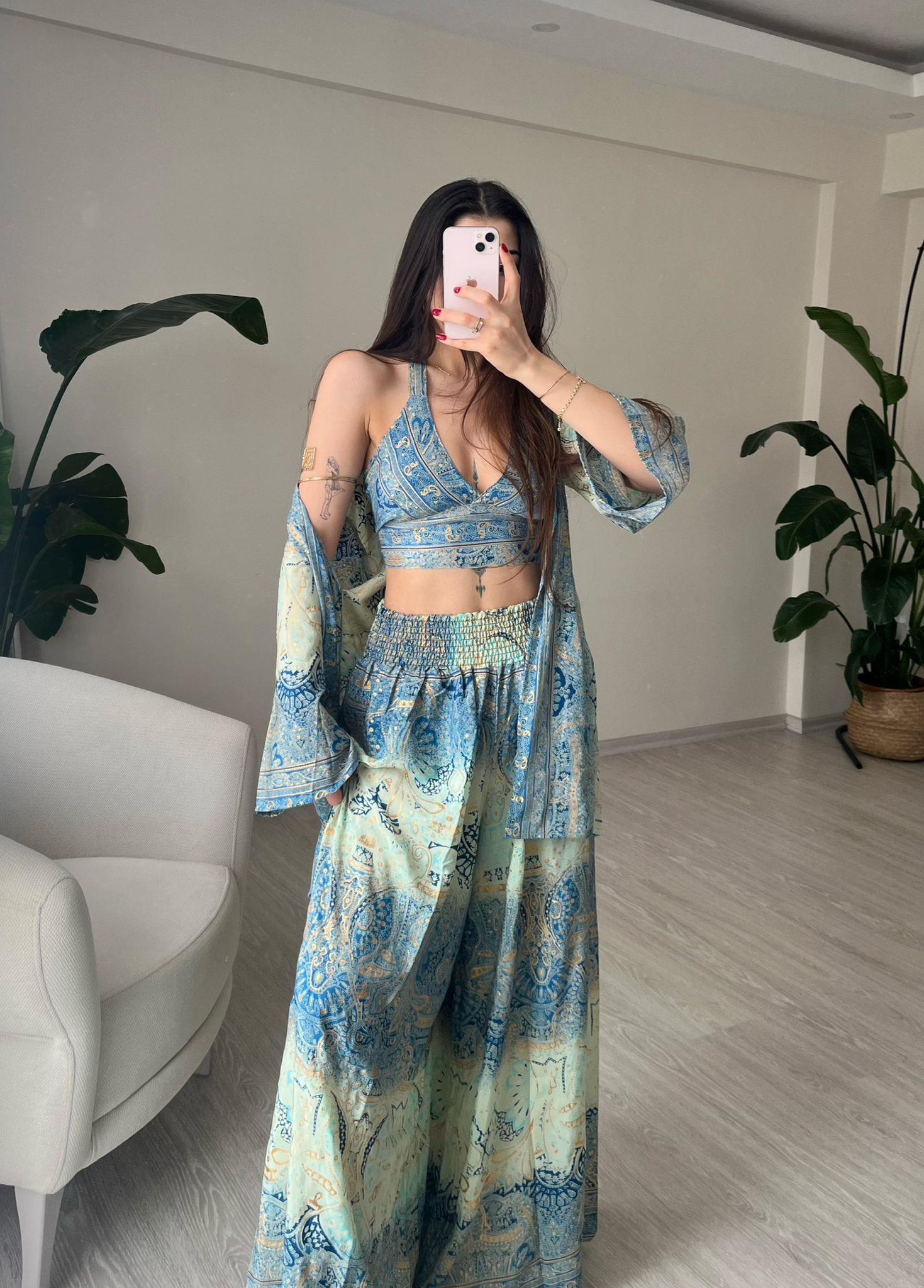 Mantra İpek Kimono Büstiyer Pantolon Üçlü Takım
