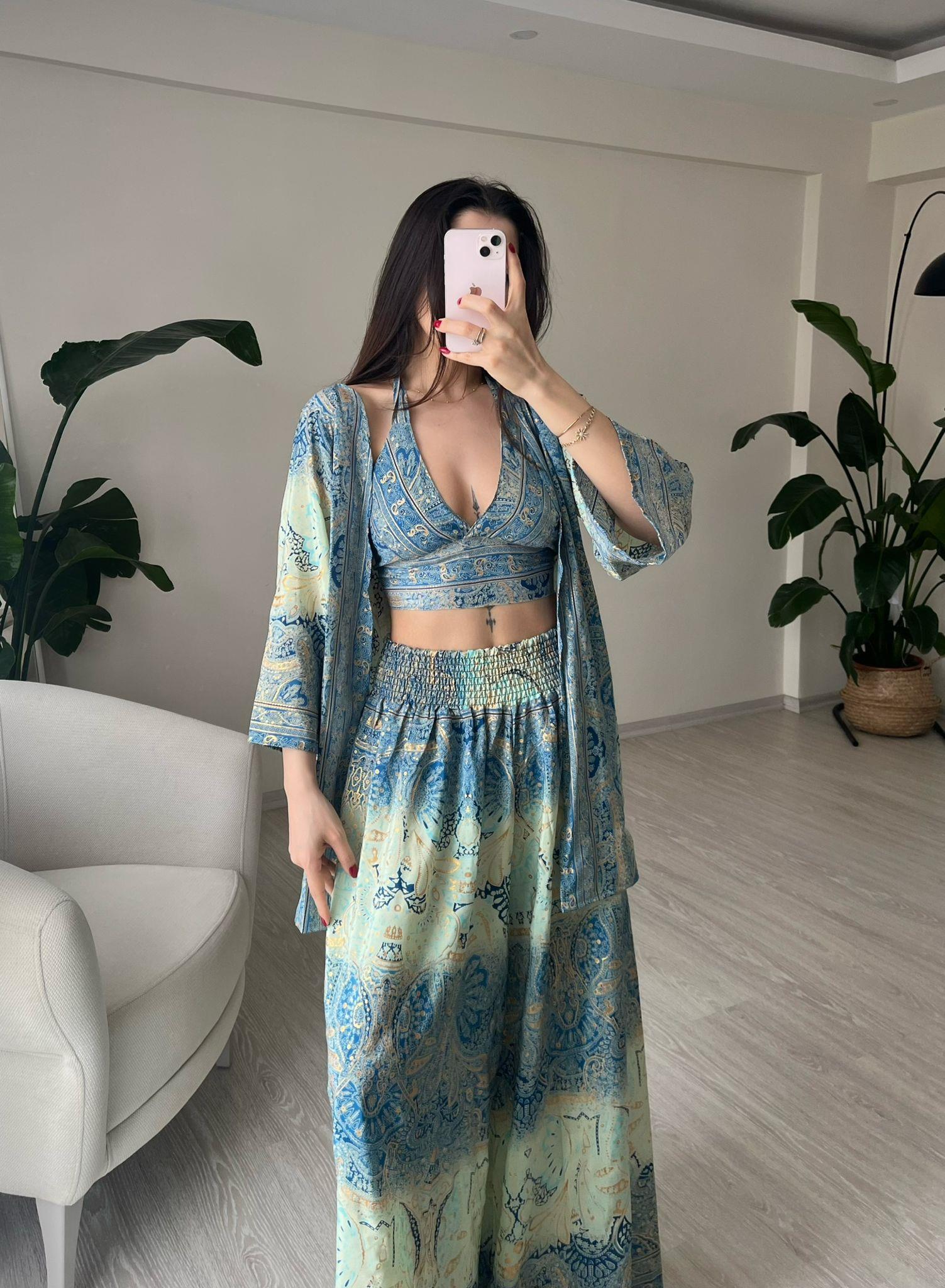 Mantra İpek Kimono Büstiyer Pantolon Üçlü Takım