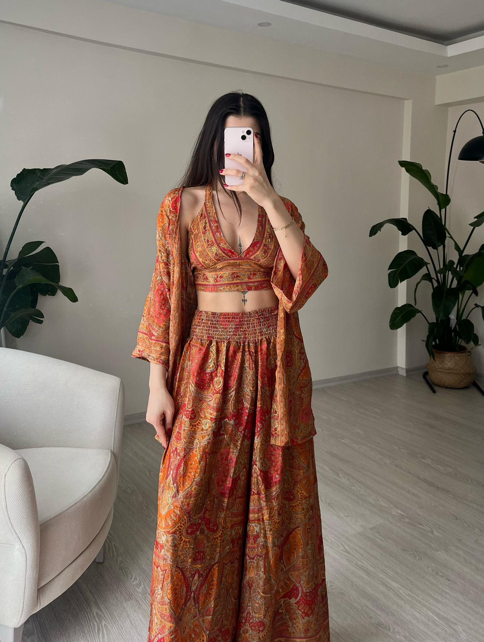 Mantra İpek Kimono Büstiyer Pantolon Üçlü Takım II