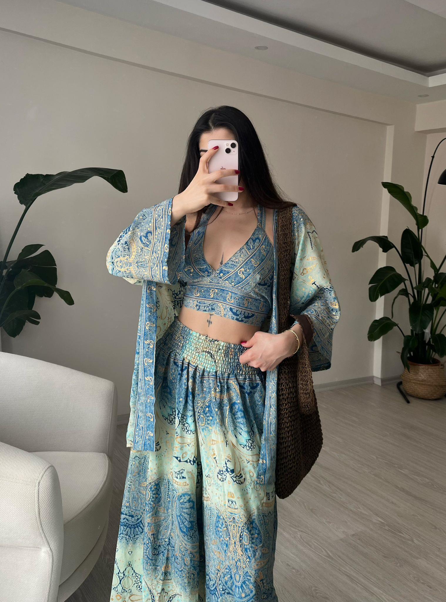 Mantra İpek Kimono Büstiyer Pantolon Üçlü Takım