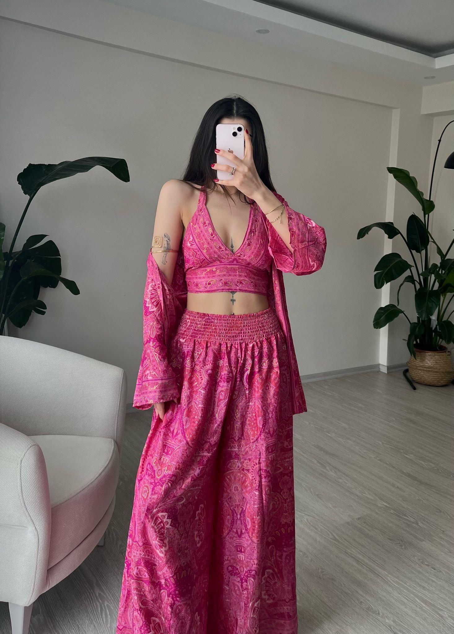 Mantra İpek Kimono Büstiyer Pantolon Üçlü Takım V