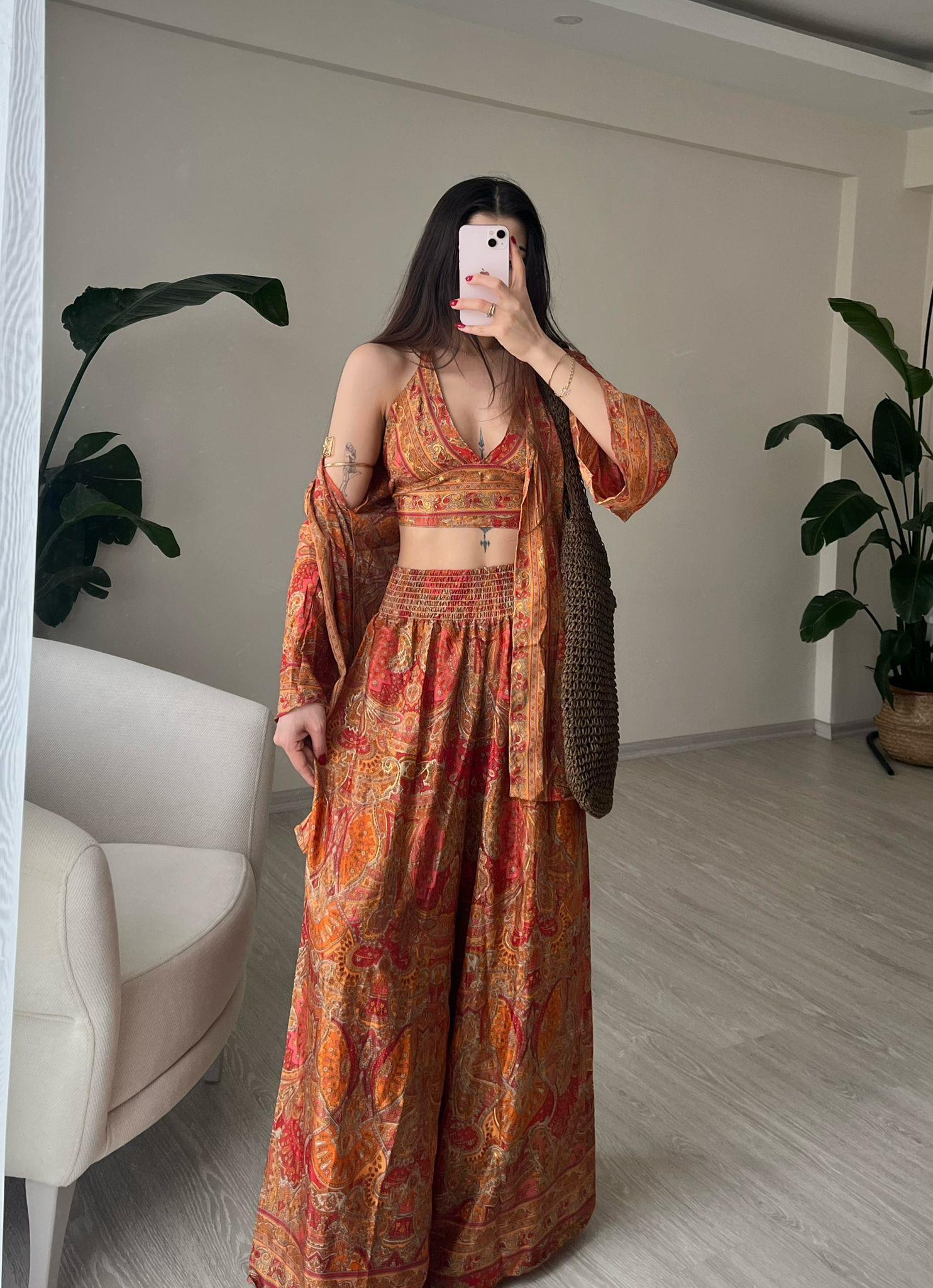 Mantra İpek Kimono Büstiyer Pantolon Üçlü Takım II